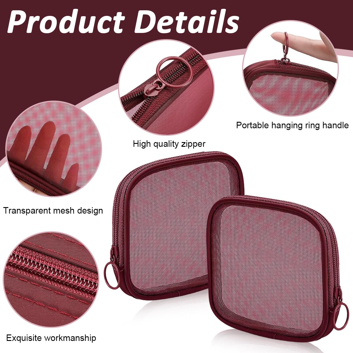 MAYCREATE Mesh Makeup Pouch for Travel with Secure Zipper 4pcs 4.7 in Nylon Bags | Wine Red