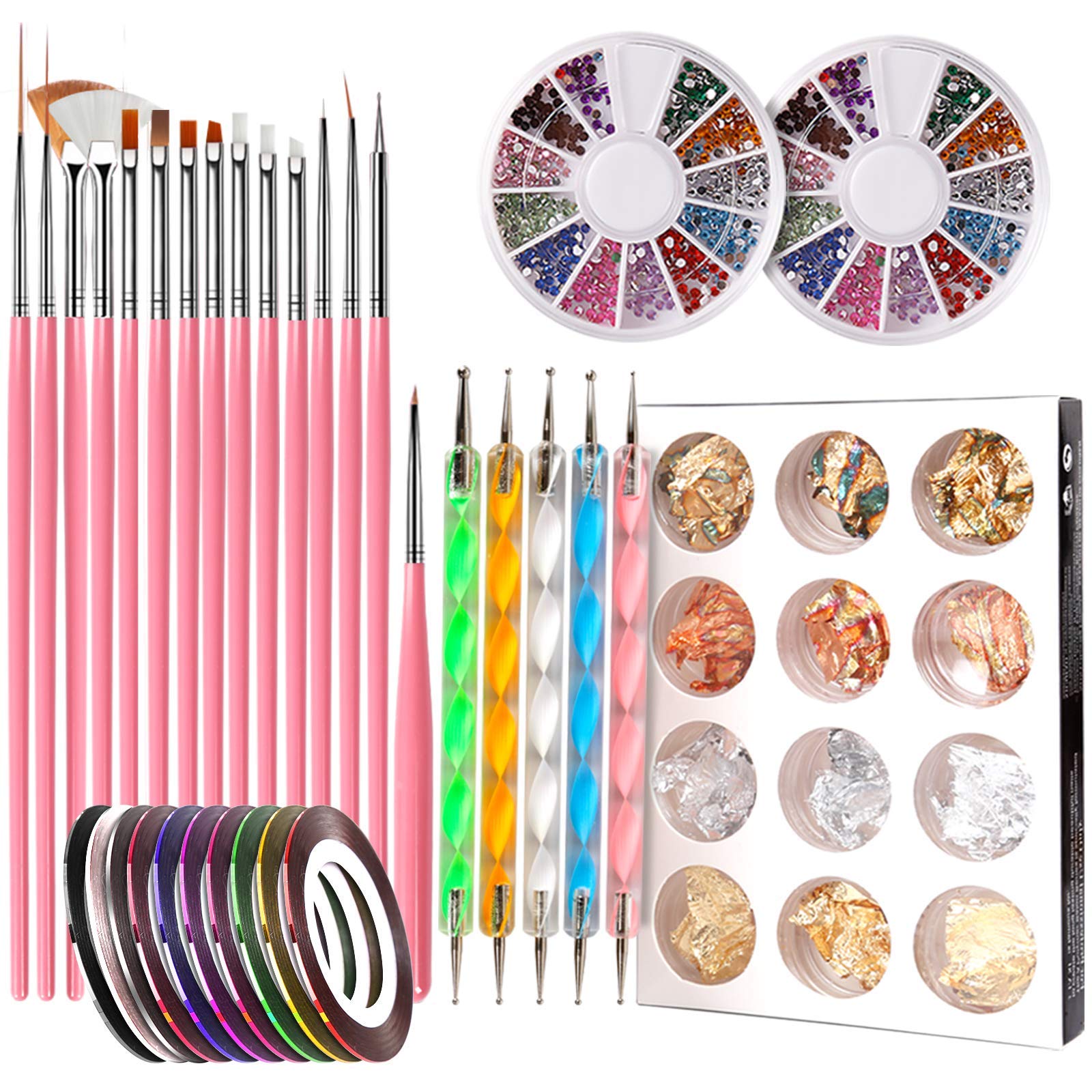 ZIBUYU® 38 Pcs of 3D Nail Rhinestones Art Maniure kit for Decorations with Brushes Dotting Tools Holographic Nails Stickers, Foil Tape Set