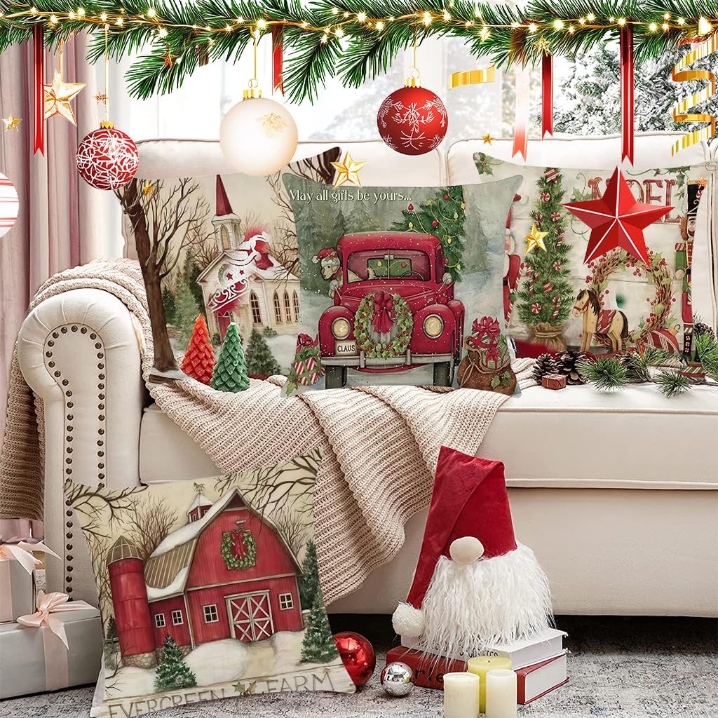 HASTHIP Christmas Pillow Covers for Couch and Bedroom with Hidden Zipper 17.7x17.7 in | Cotton Linen Set of 4