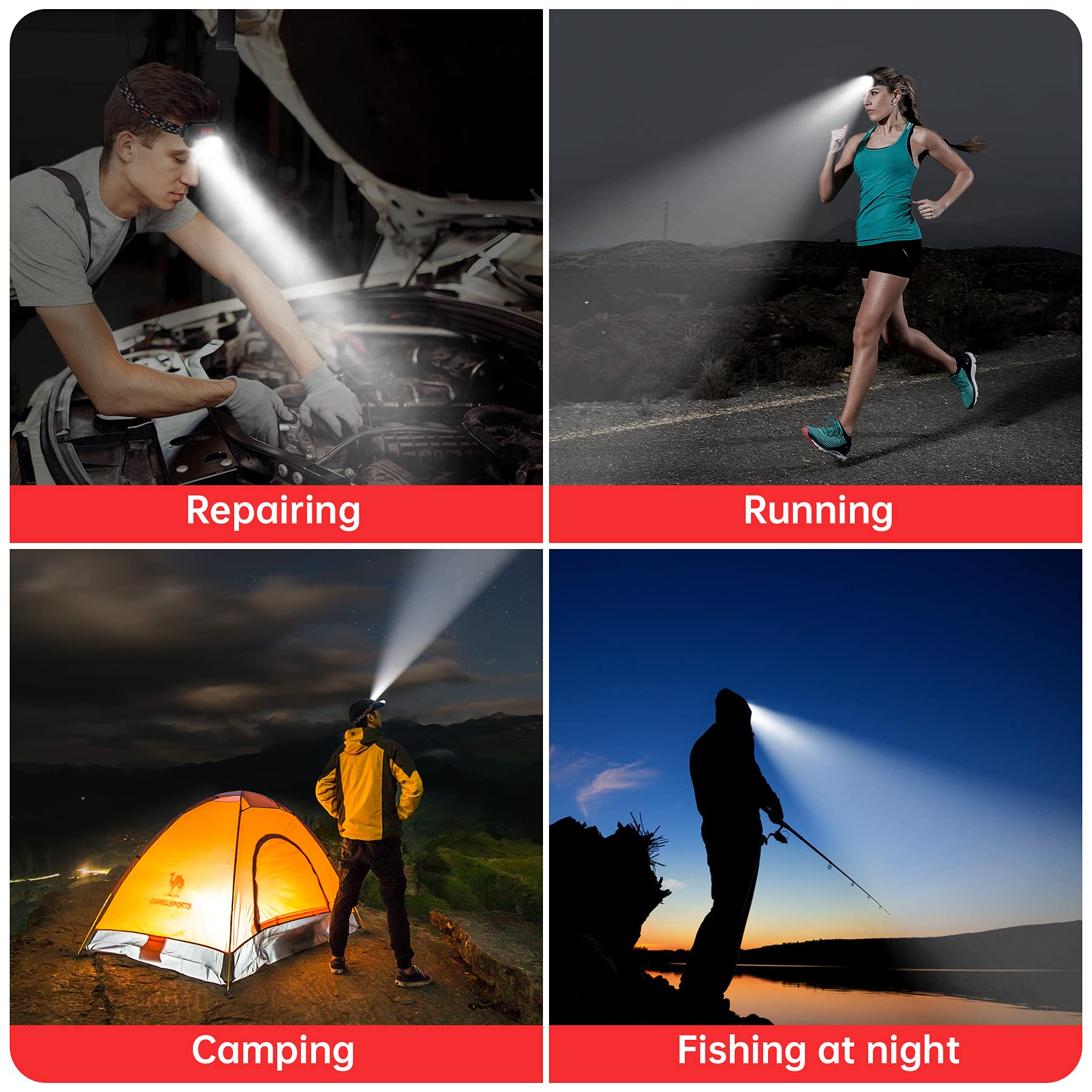 ELEPHANTBOAT  5W Rechargeable Head Light Torch Sensor Light Headlamp Waterproof Outdoor Worklamp 6 Light Modes with Red Warning Light Flexible Lighting Angle for Fishing,Car Repairing,Camping