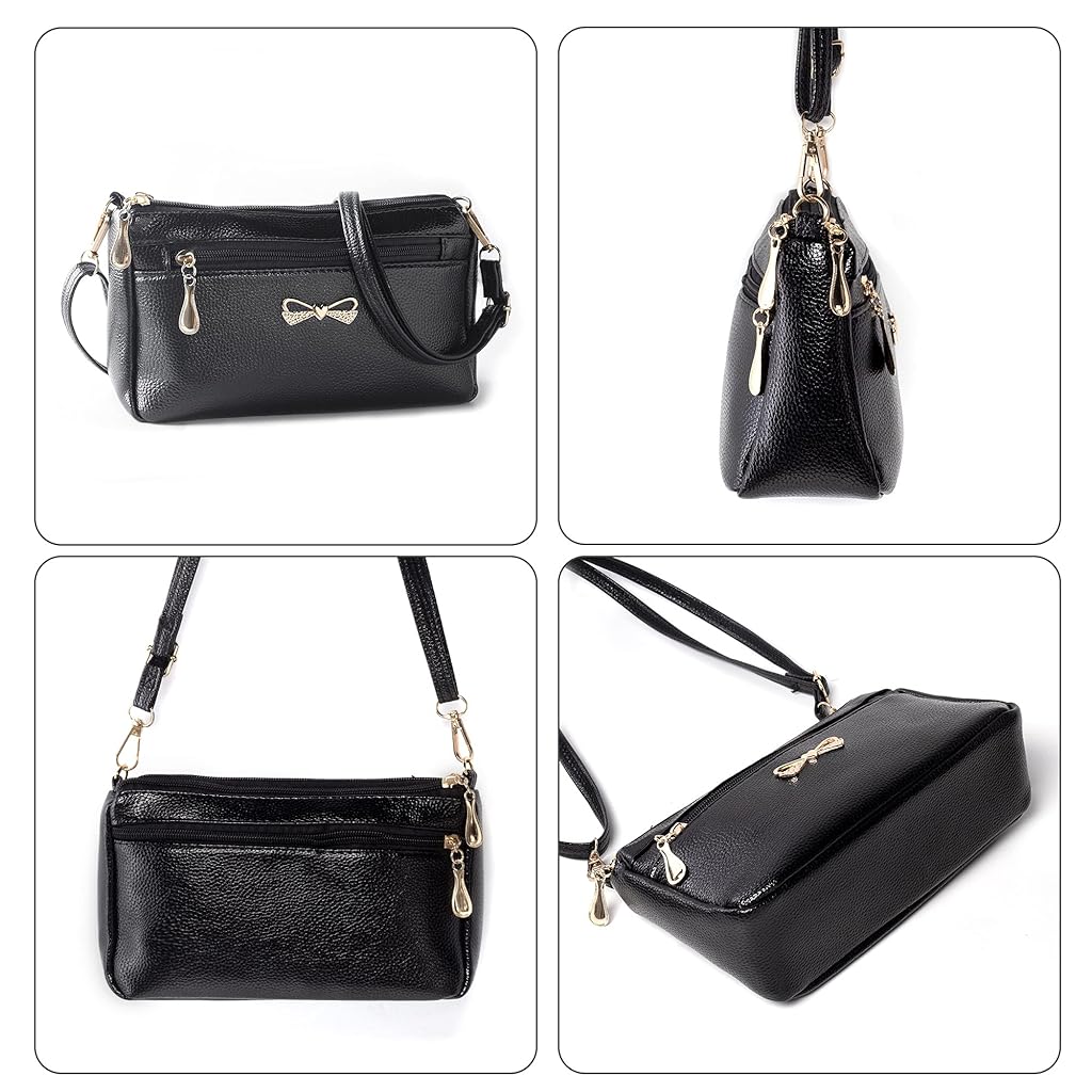 PALAY® Small Women's Crossbody Bags Soft PU Leather Wristlet Clutch Shoulder Bag with Zip Pockets Includes Adjustable Shoulder and Wrist Straps Black 2PCS