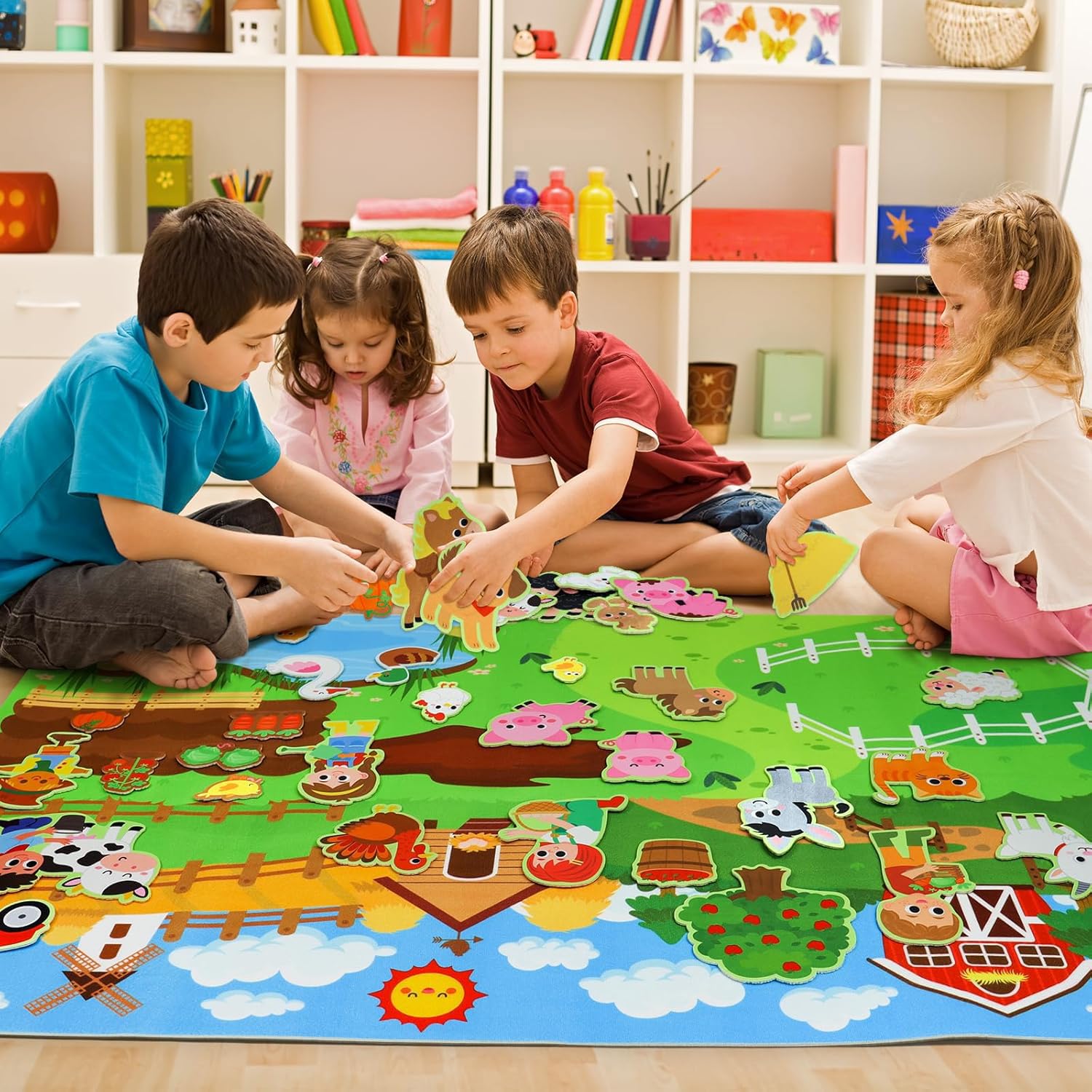 SNOWIE SOFT Farm Animals Busy Board for Toddlers with 109x71cm Felt Backdrop | Interactive Montessori Learning Toy