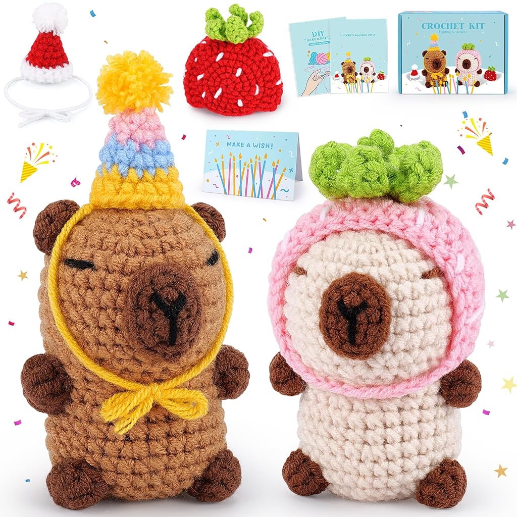 PATPAT® DIY Capybara Crochet Art Material Kit Set of 2Pcs Beginners DIY Handmade Gift Pink & Brown Capybara Crochet Stuffed Toys Includes Crochet Hooks, Colored Yarns, Step by Step Tutorial