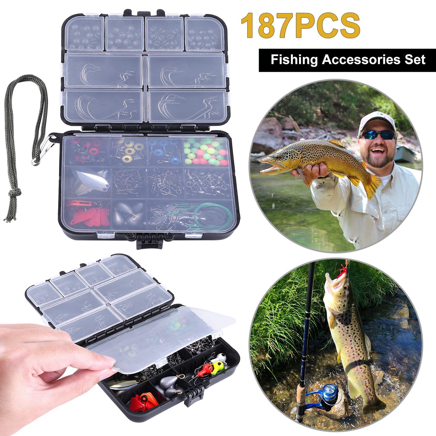 Proberos® 188 Pcs Stainless Steel Fishing Accessories Kit Including Fish Jig Hooks, Bullet Bass Casting Sinker Weights, Fishing Swivels Snaps, Sinker Slides, Fishing Set with Tackle Box