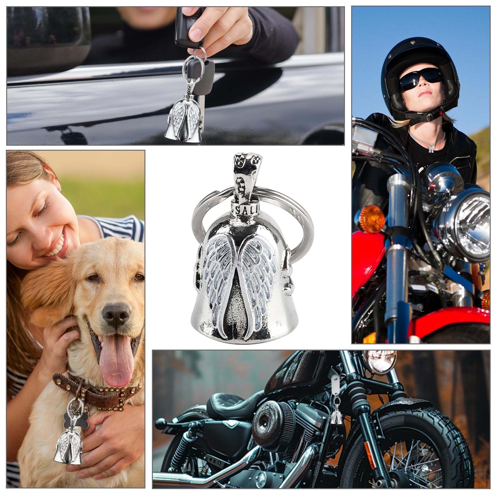 STHIRA Guardian Angel Motorcycle Bell for Good Luck and Protection 2 pcs Pewter Keyring | Lead‑Free Pendant Gift for Men and Women