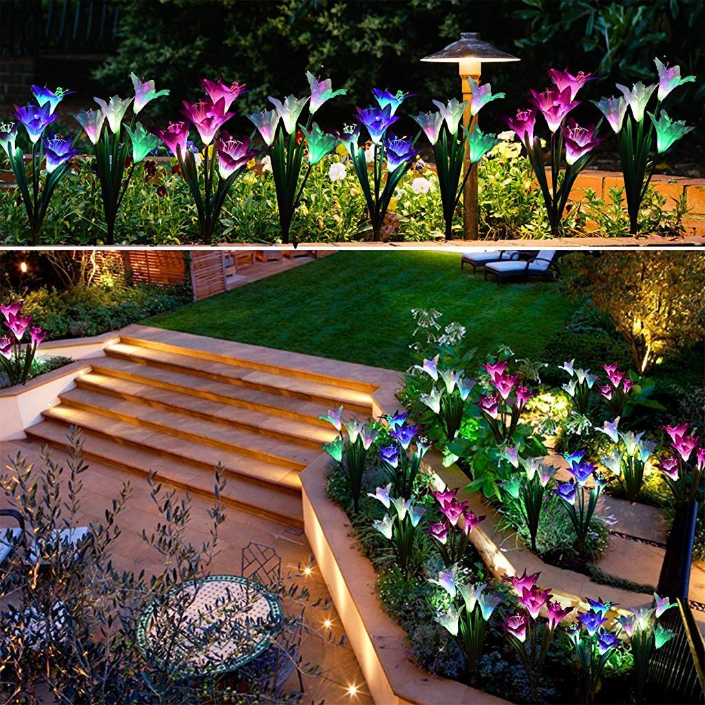 Supvox  Outdoor Solar Garden Flower Lights, 2 Pack Solar Powered Lights with 8 Lily Flowers, Multi-Color Changing Decorative Underground Lights for Garden, Patio, Backyard (Purple and White)