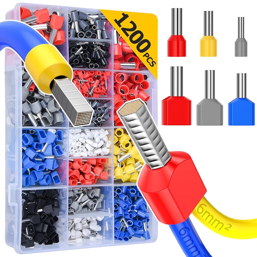 Serplex® 1200Pcs Wire Ferrules Terminals Kit, 900Pcs Single Terminal Connectors and 300Pcs Double Wire Terminals Insulated & Non-insulated Wire Ferrules Connectors for Electricity, Industrial