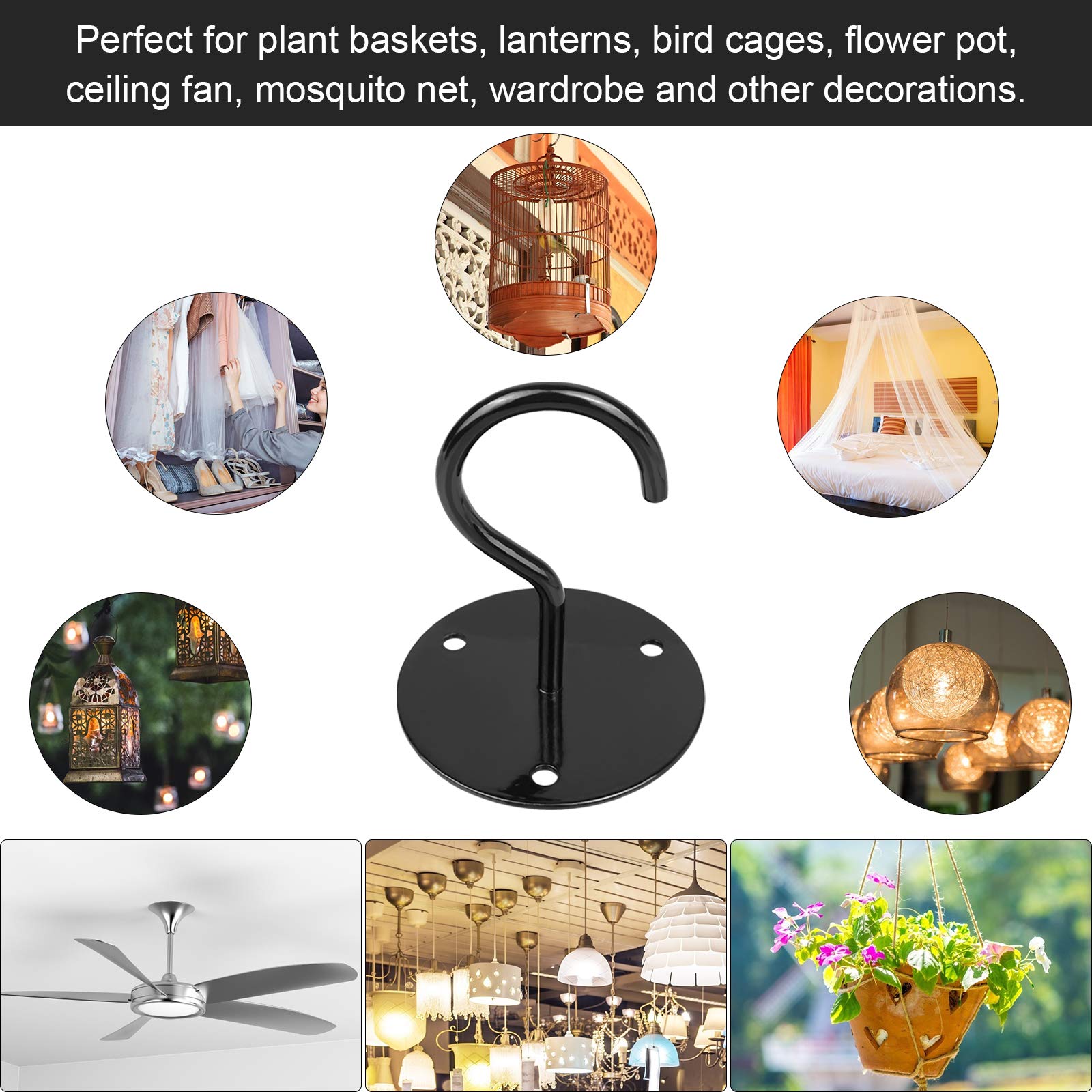 Supvox Metal Ceiling Hook for Hanging Plant Pots with Screws 4pcs 15 kg Load | Black