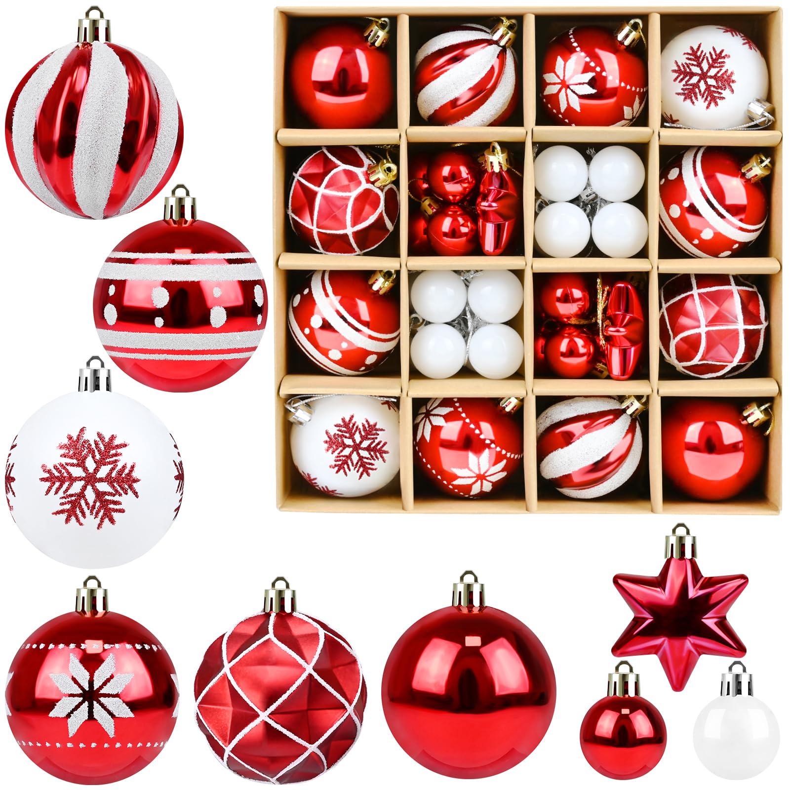 HASTHIP® Christmas Tree Ornaments for Home Decor 42Pcs Christmas Decorative Balls with Hanging Loop Snowflake Ball Decor for Christmas Tree, Window, Door, Wall, Chrismas Light