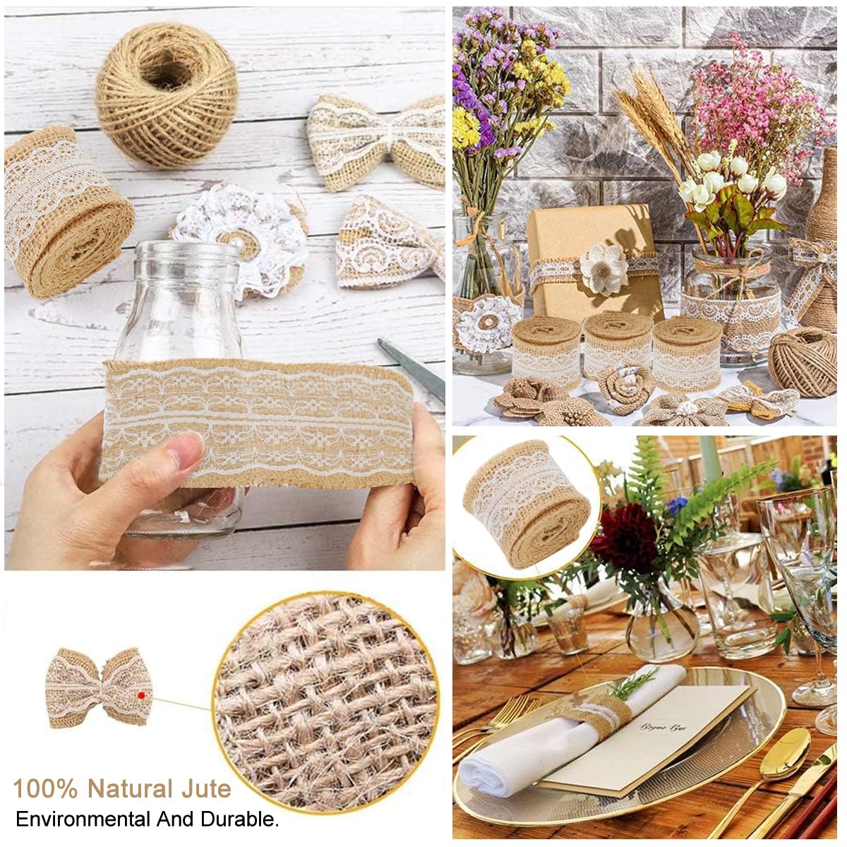 PATPAT DIY Hemp Ribbon Set for Scrapbooking with 19Pcs Lace Bows and 50m Jute Rope | Rustic Bohemian Decor