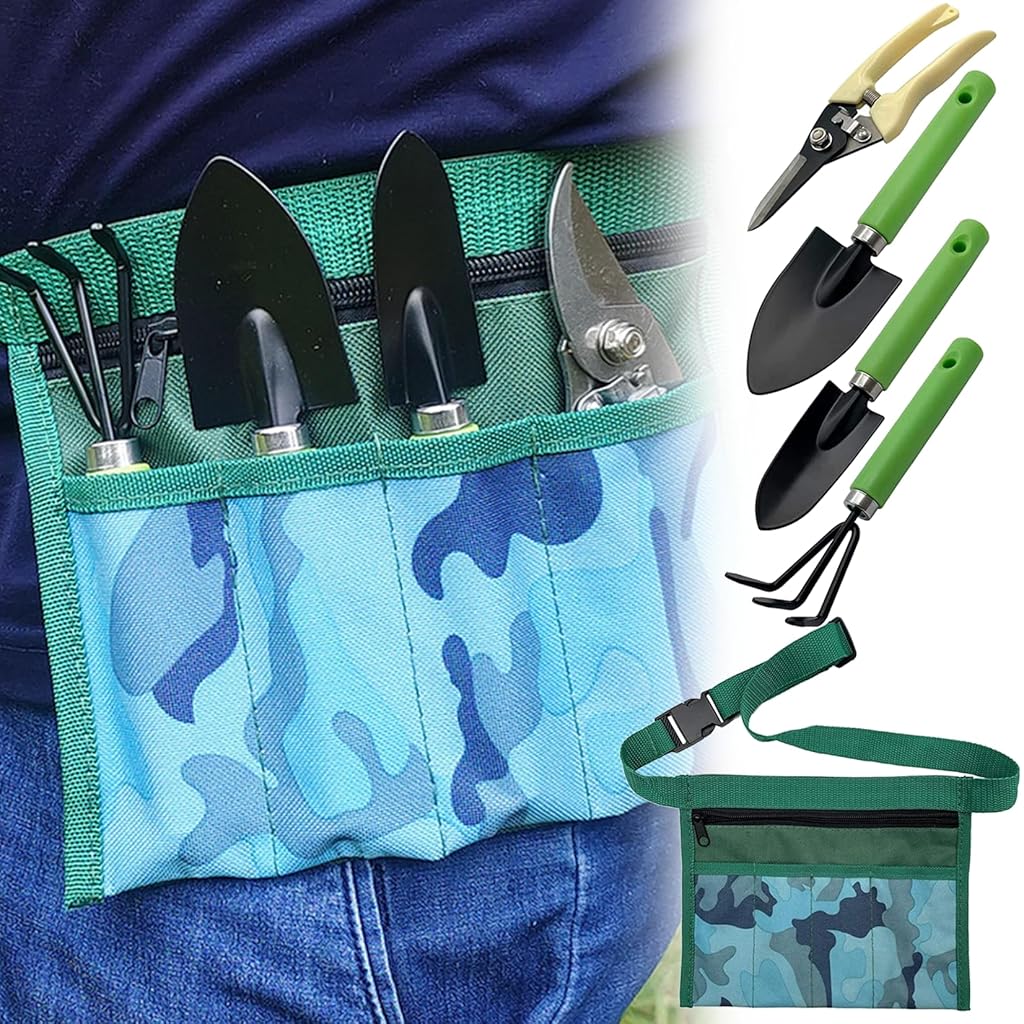 HASTHIP® Set of 4Pcs Gardening Tools with Tool Bag, Stainless Steel Gardening Tools Kit Includes Trowel, Spring-Loaded Pruning Shears, Hand Rake & Small Shovel, Multipocket Tool Bag with Waist Belt