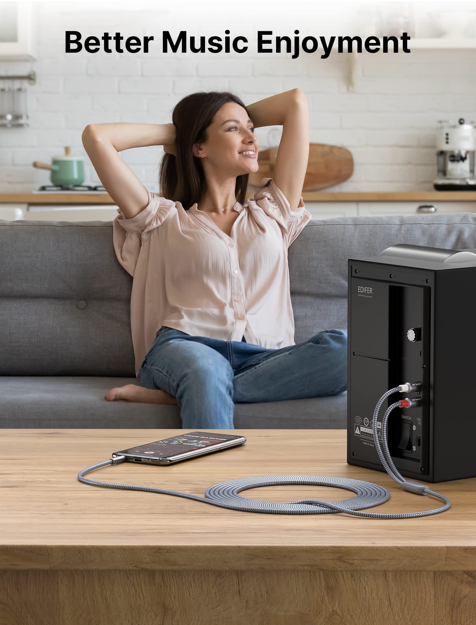 JSAUX RCA Audio Cable 3.9ft 1.2m for Smartphone and Speaker featuring Gold Plated Connectors and Nylon Braided Design