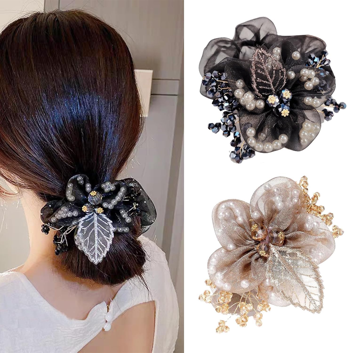 SANNIDHI® Floral Hair Elastics for Girls Women Sheer Organza Flower with Beaded Accents Fashion Women Hair Ties, Hair Elastics, Elegant Beaded Flower Hair Accessories, Pack of 2