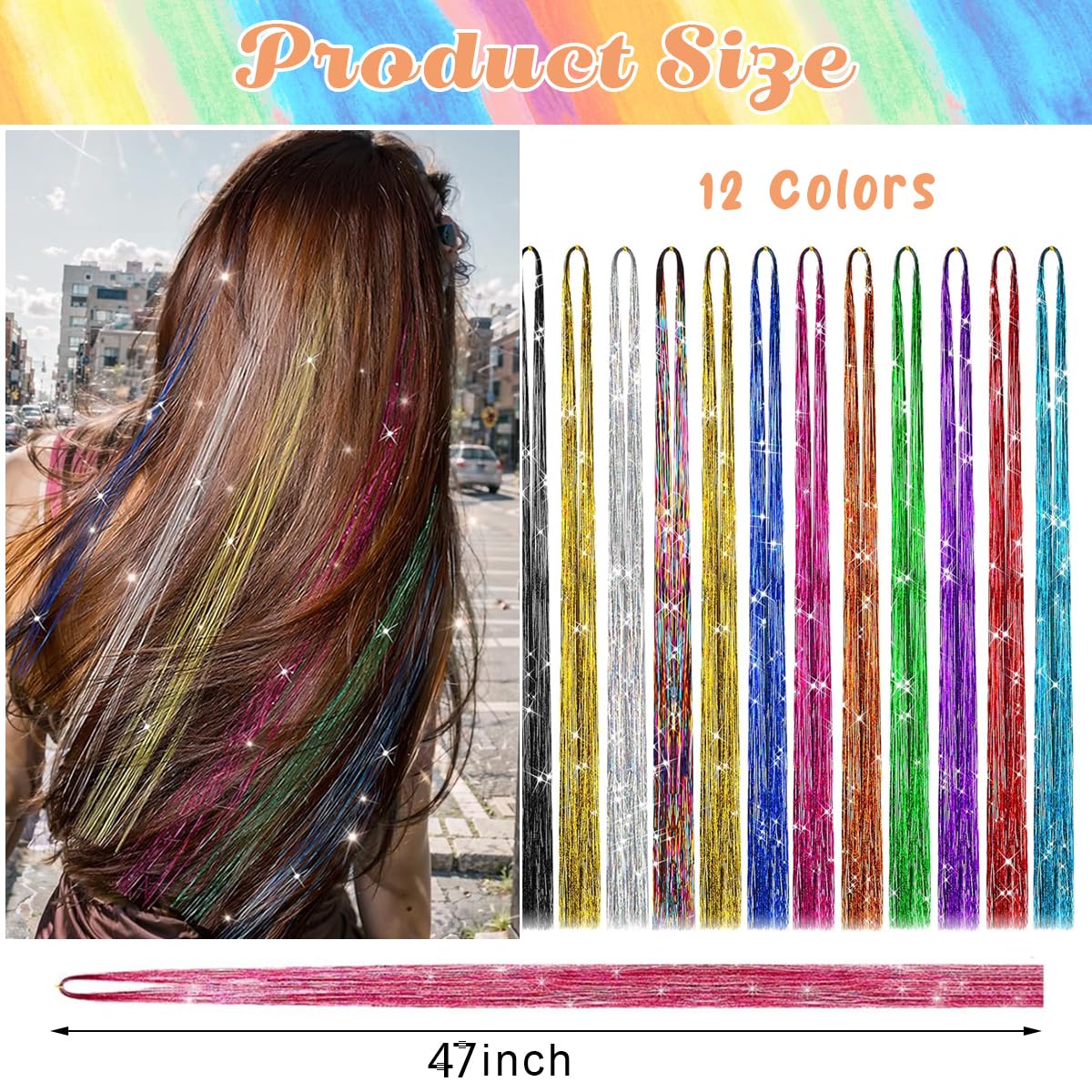 MAYCREATE® Glitter Tinsel Hair 47'' Glitter Hair Tinsel Clip 12 Color Shiny Glitter Hair Tinsel Kit Extensions with Tools for Women Girls Party, Festival, Music Festival