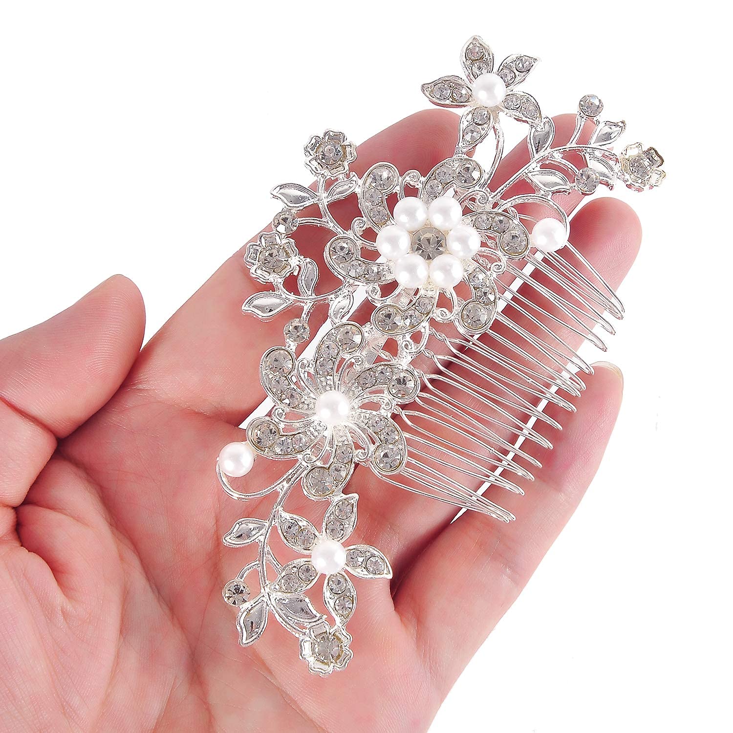 PALAY® 2 Pcs Bridal Hair Clips-Dainty Flowered Headpiece White Cream Flower Beads Hair Comb Vintage Crystals Hair Comb Hair Accessory for Women & Girls