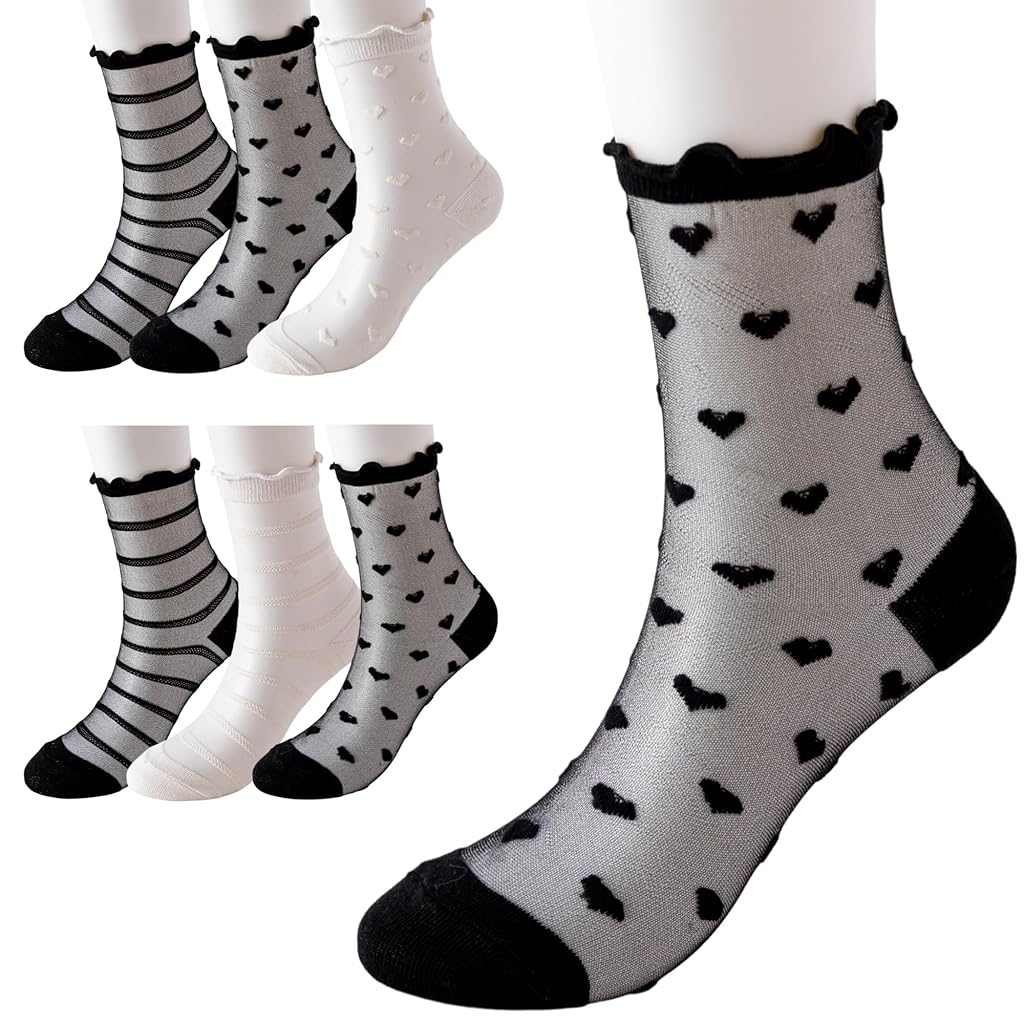 SANNIDHI® Sheer Socks for Girls Women Heart Tulle Socks for Girls Women Breathable Sheer Printed Socks Ruffled Socks Heart Stripy Tulle Quarter Socks, 4 Pairs