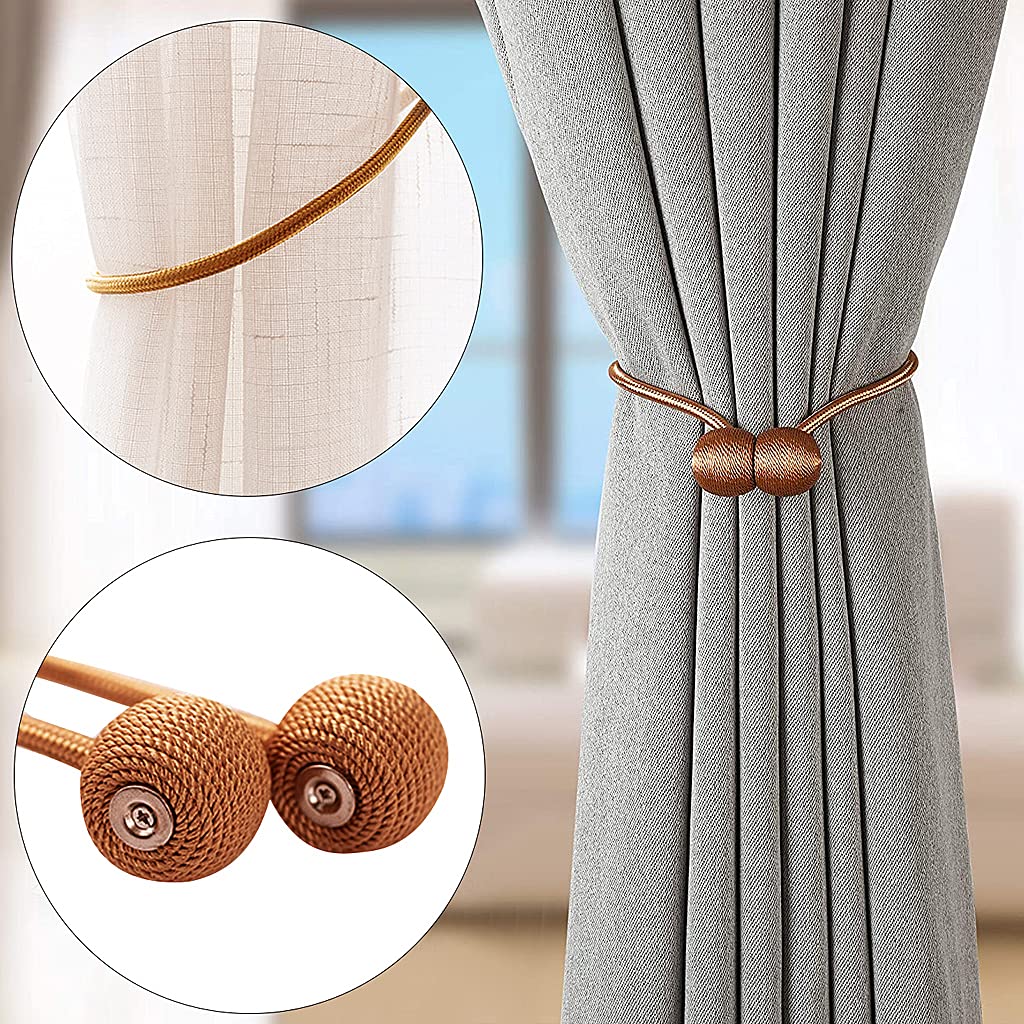HASTHIP Polyester Solid Curtains for Home and Office with 16in Rope and Strong Magnetic Closure | Coffee Pack of 2
