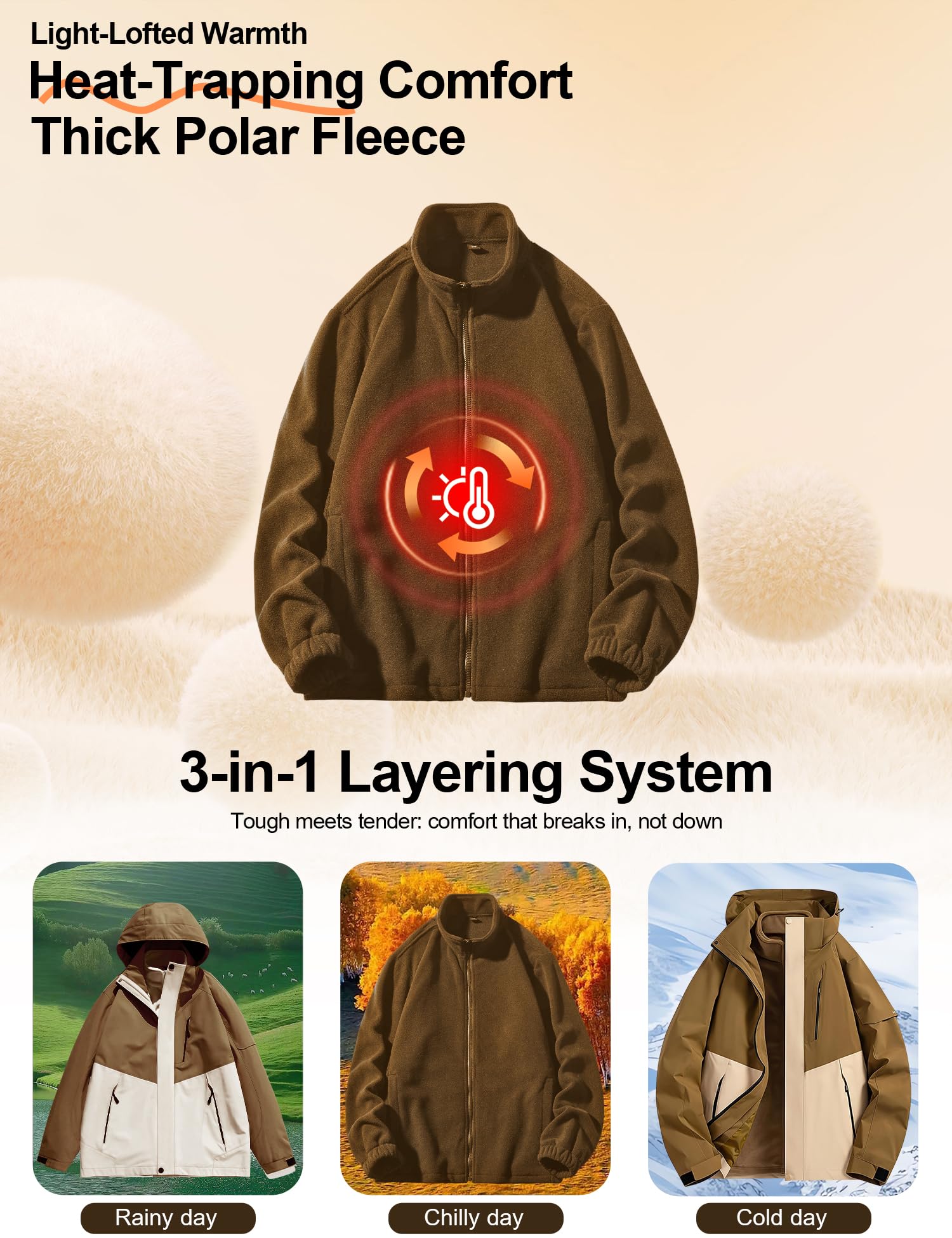 Venzina Men's 3 in 1 Outdoor Hiking Jacket for Winter Sports with Detachable Fleece Liner | Waterproof Windproof Army Brown Coat