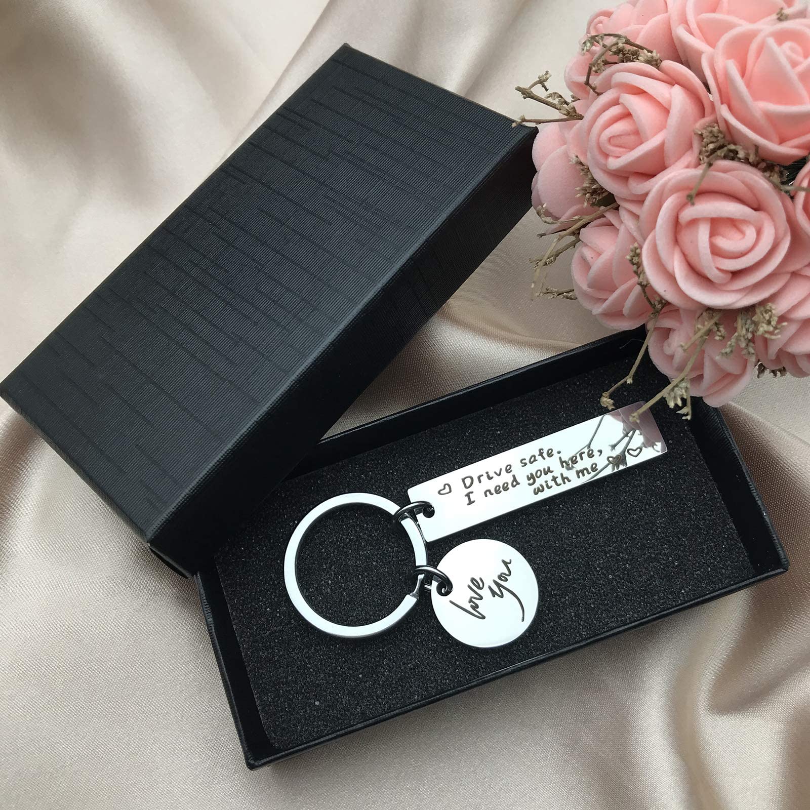 PALAY Drive Safe Keychain with Gift Box for Boyfriend or Husband featuring Stainless Steel Charm | I Love You Message