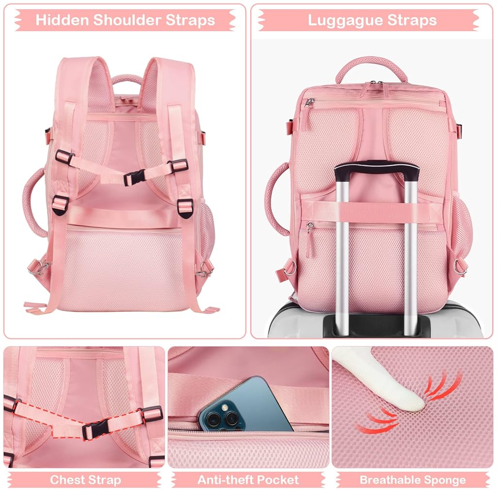 PALAY Laptop Backpack 20L-35L Flight-approved Luggage Shoulder Backpack Dual Handle Design Anti-scratch Travel Backpack Stylish Backpack Women Business Backpack, Pink