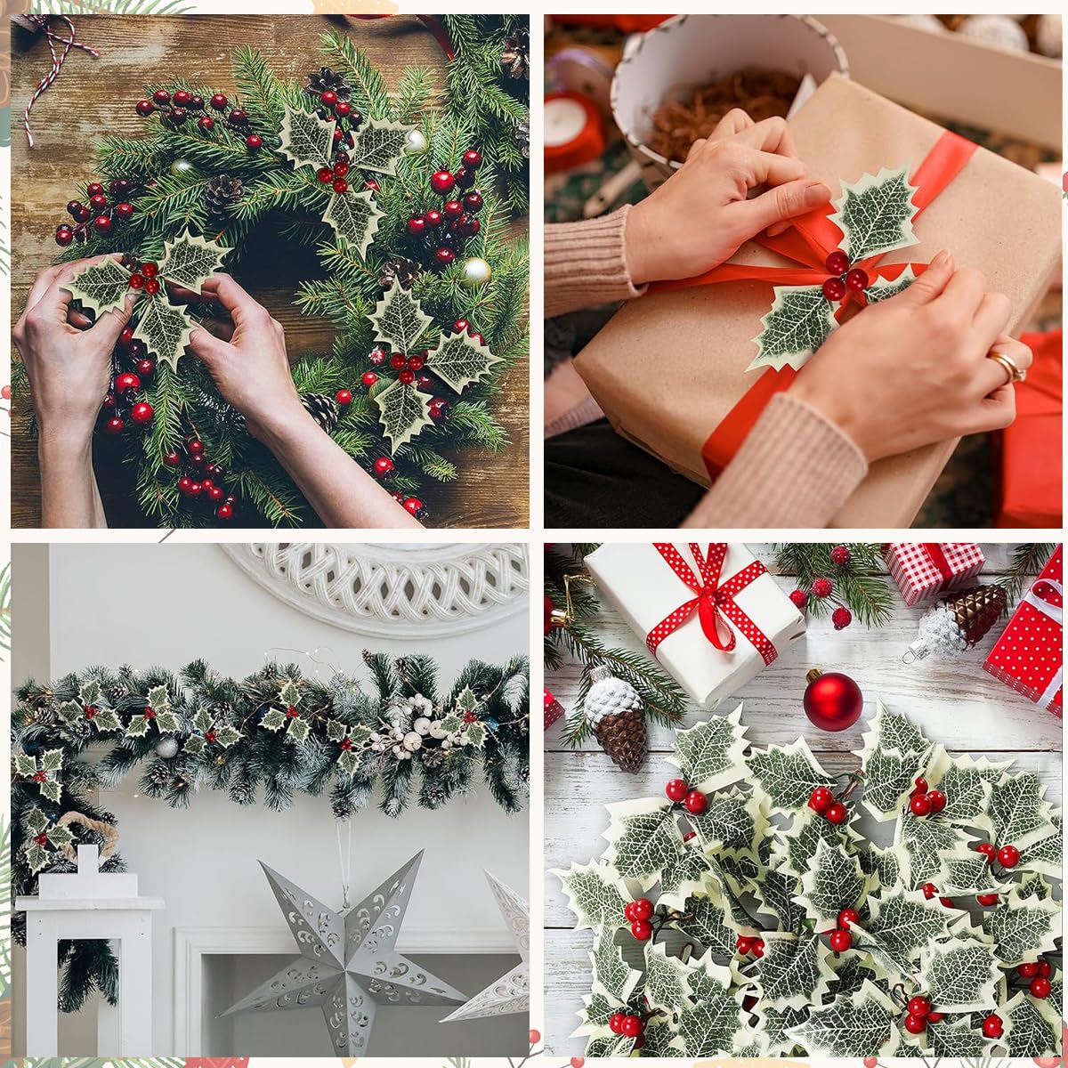 HASTHIP Holly Berries Christmas Decorations 30 Pcs for Tree Wreath & Home Decor | 13cm Gold and Red Artificial Leaves