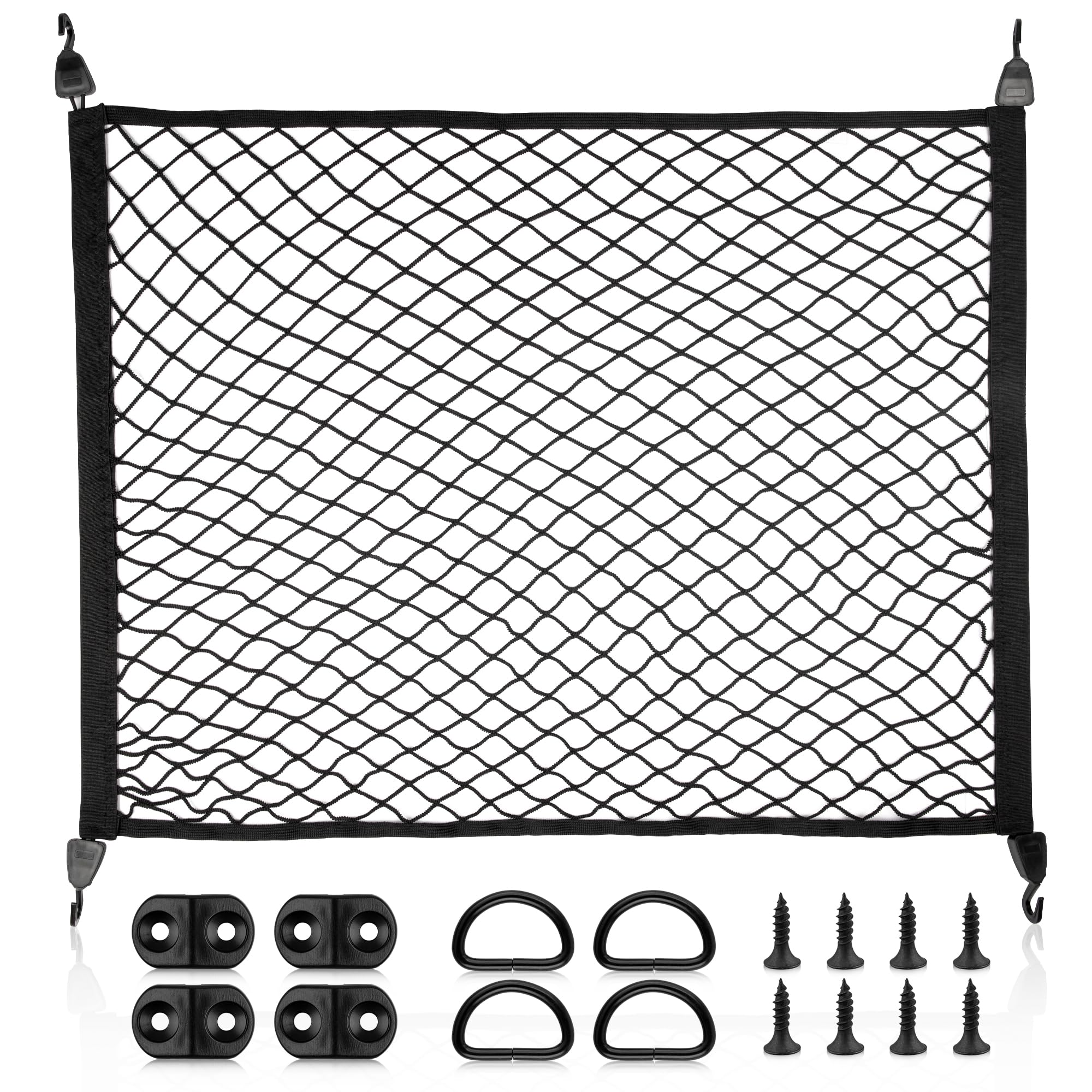 STHIRA® Elastic Bungee Cargo Net Car Trunk Shipping Net Mesh Double Layer Stretchy Tie-Down Net with Hooks, Utility Cargo Mesh with Mounting Accessories, 80x60cm