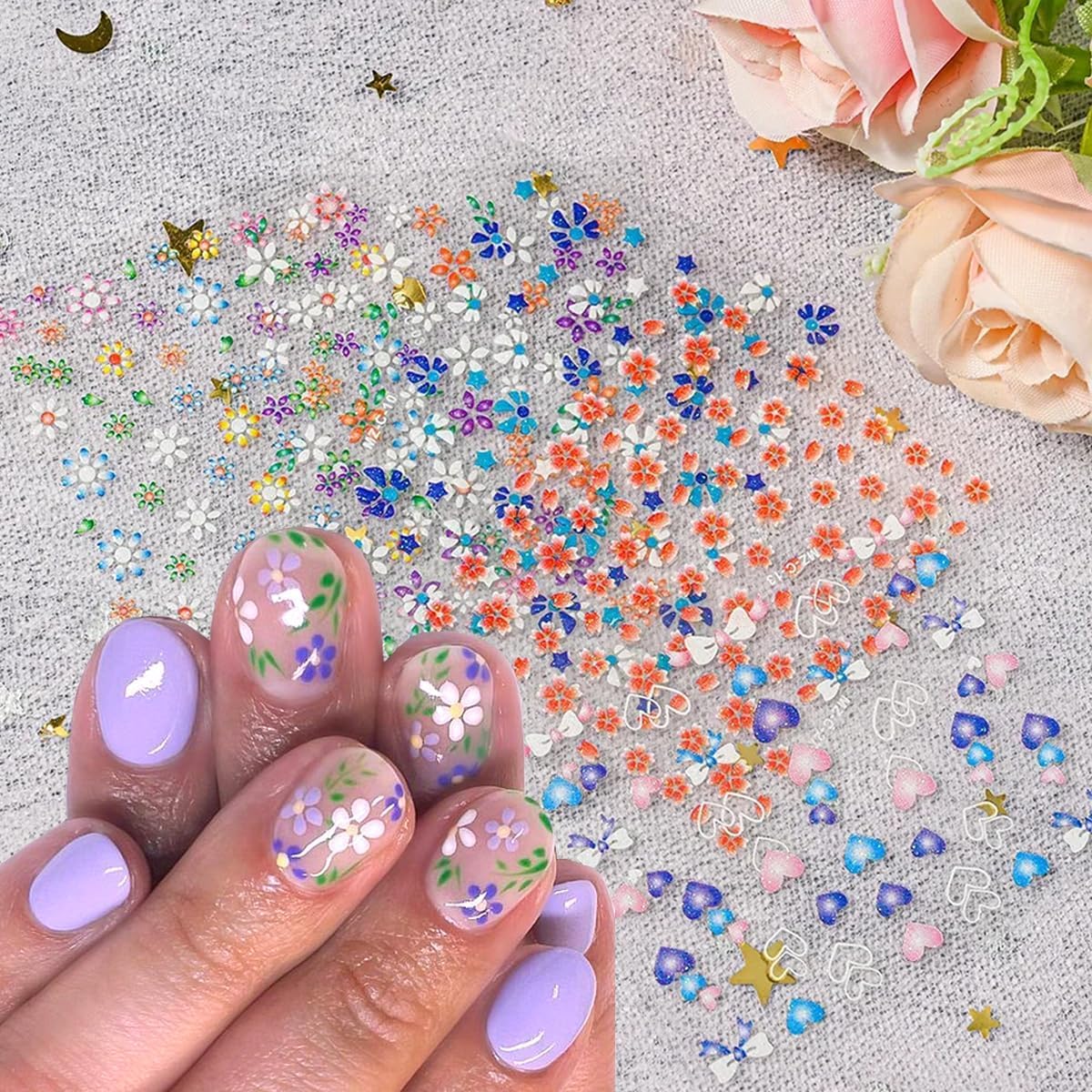 MAYCREATE® Mini Flower Nail Art Stickers 30 Sheet Mini Colorful Daisy Nail Art Stickers for Nail Extension Self-Adhesive Embossing Flower Nail Stickers Nail Art Embellishments DIY Nail Art Stickers