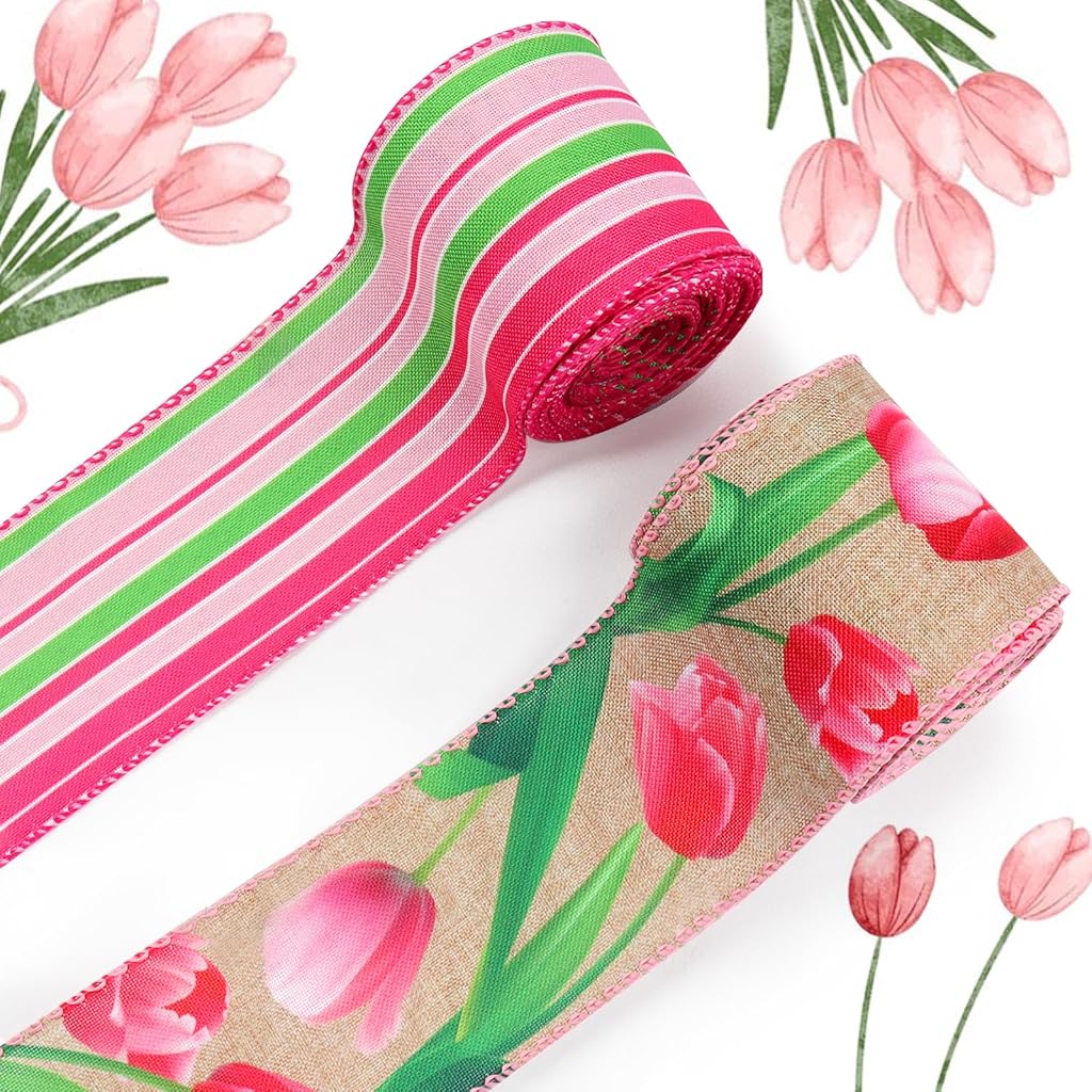 PATPAT® 2 Rolls Fabric Ribbon Tulips-Themed Floral Printed Ribbon Belts for Gift Wrapping 6.3cm x 5ft Cuttable Decorative Fabric Ribbon for Scrapbooking, Card Making, DIY Embellishments.