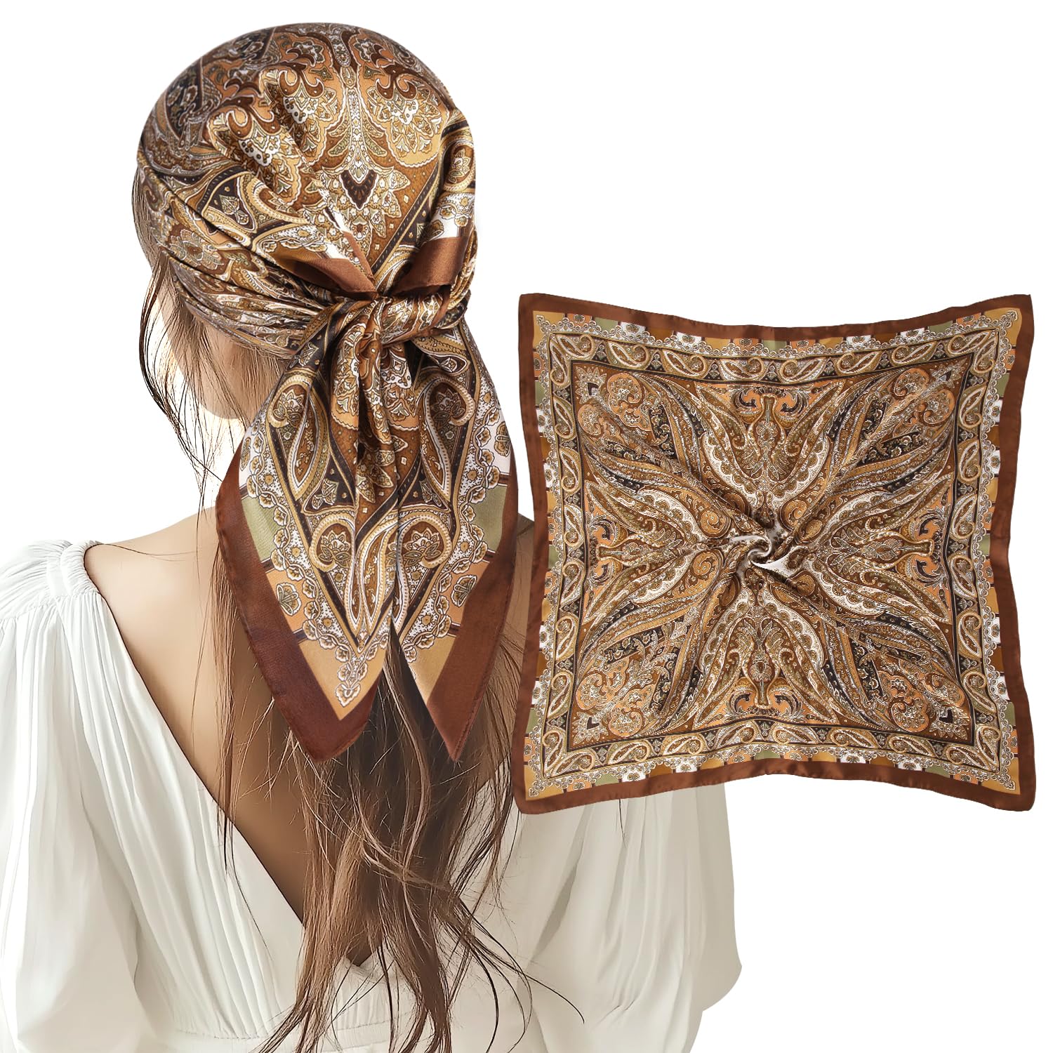 SANNIDHI® 27.5 Inch Satin Head Scarf Silk Like Hair Scarf Stain Bandana Hair Wrap Neck Scarves for Women-Brown