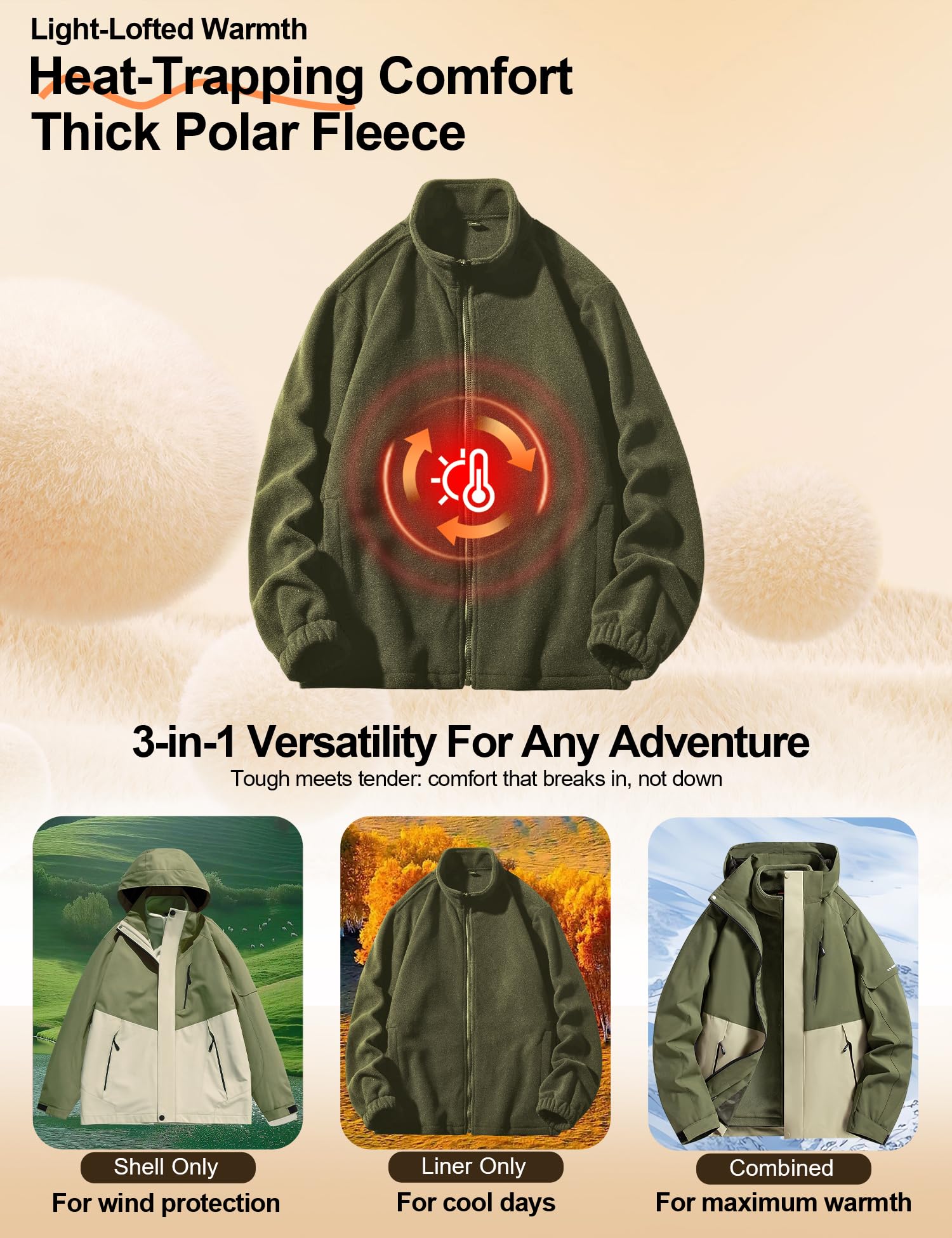 Venzina Men's 3 in 1 Outdoor Hiking Jacket with Detachable Fleece Liner for Winter Sports