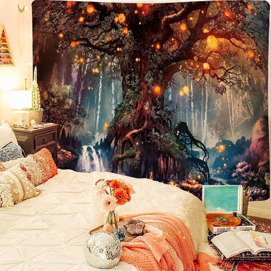 HASTHIP® Tree of Life Tapestry Magical Forest Polyester Psychedelic Wall TV Background for Living Room 50X60 Inches Brown 2PCS