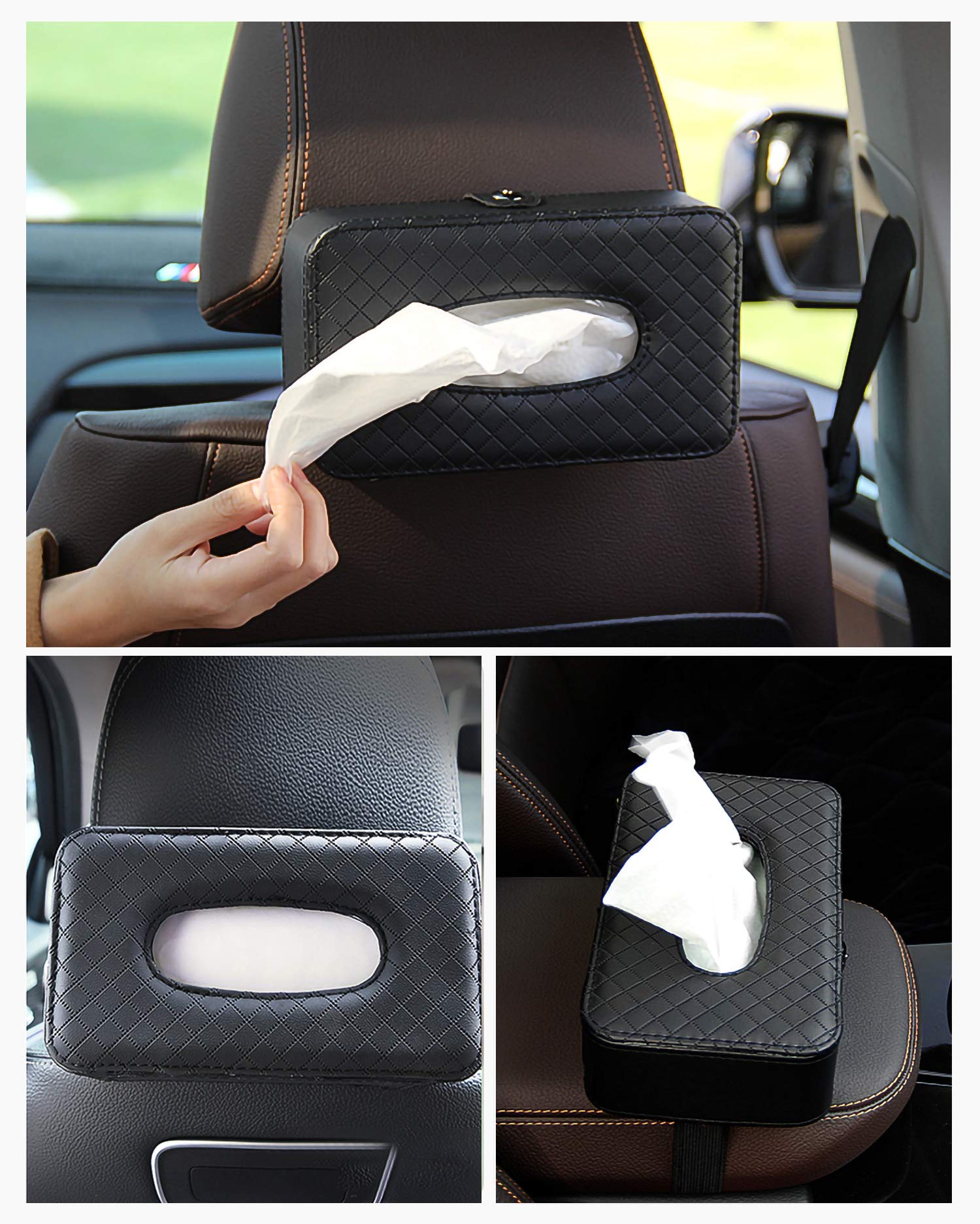 STHIRA® Car Tissue Holder, PU Leather Tissue Paper Holder for Car Backseat Tissue Paper Organizer Box Universal Car Tissue Paper Box with Quick Release Buckle Car Accessories Interior