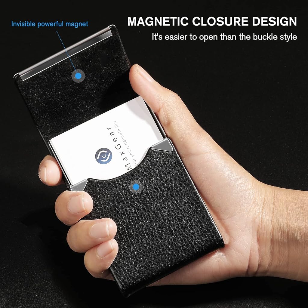 ZIBUYU® Business Card Holder Metal Visiting Case Classy for Women Men PU Leather Wallet with Magnetic Clasp 20 Cards 6x9.5cm Black 2PCS
