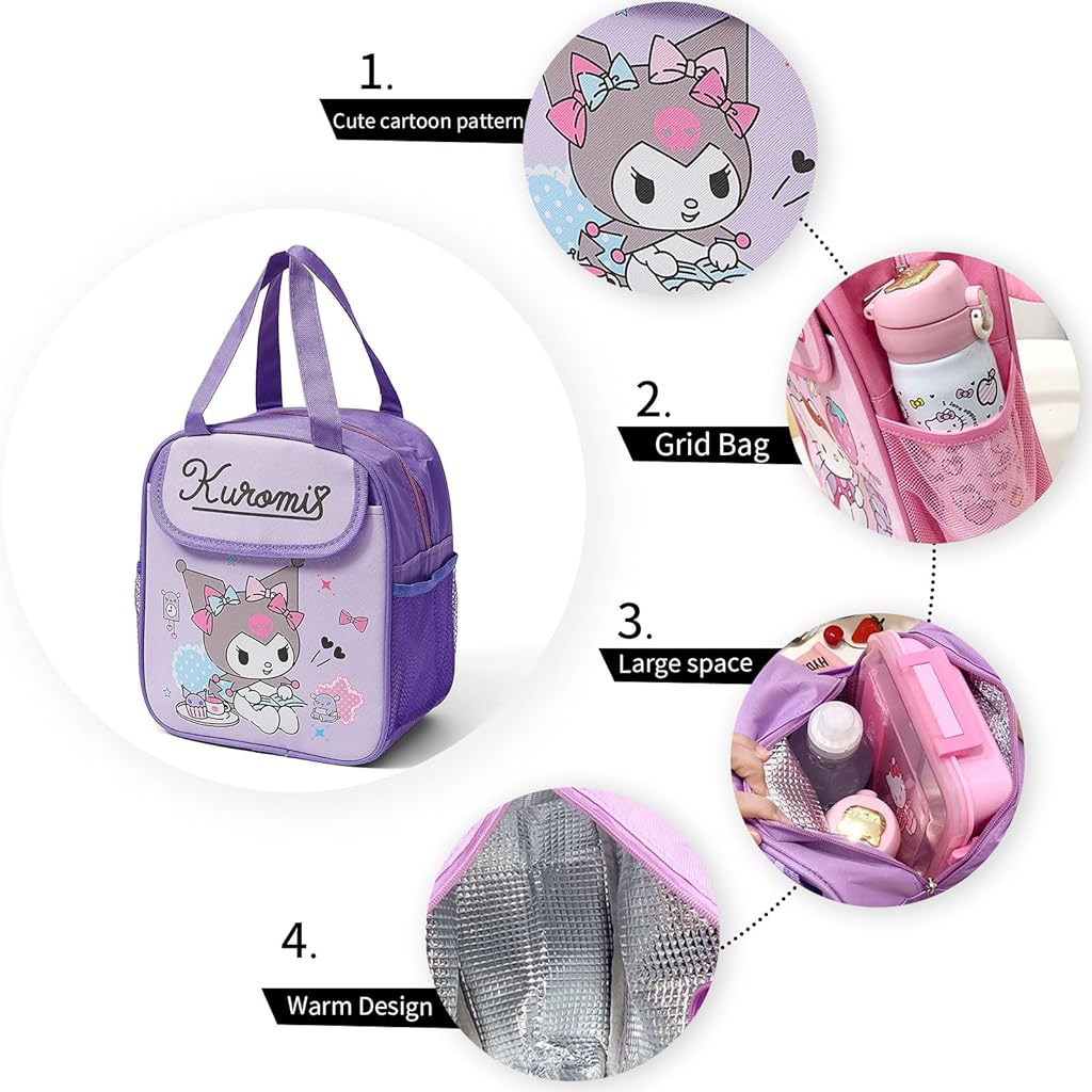HANNEA® Insulated Lunch Bag Kawaii Cartoon Kuromi Lunch Box Bag Handbag Bento Bag School Lunch Bag for Girls Picknic Food Bag, 20x13.5x23cm