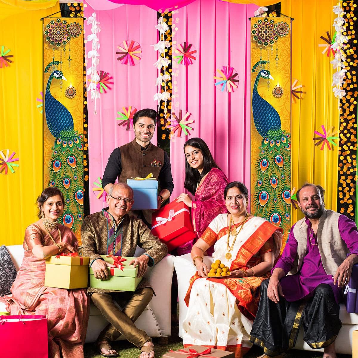 HASTHIP Happy Diwali Hanging Banner Porch Sign for Door Decor featuring Peacock 12×71 in | 100D Polyester Festival Wall Decoration