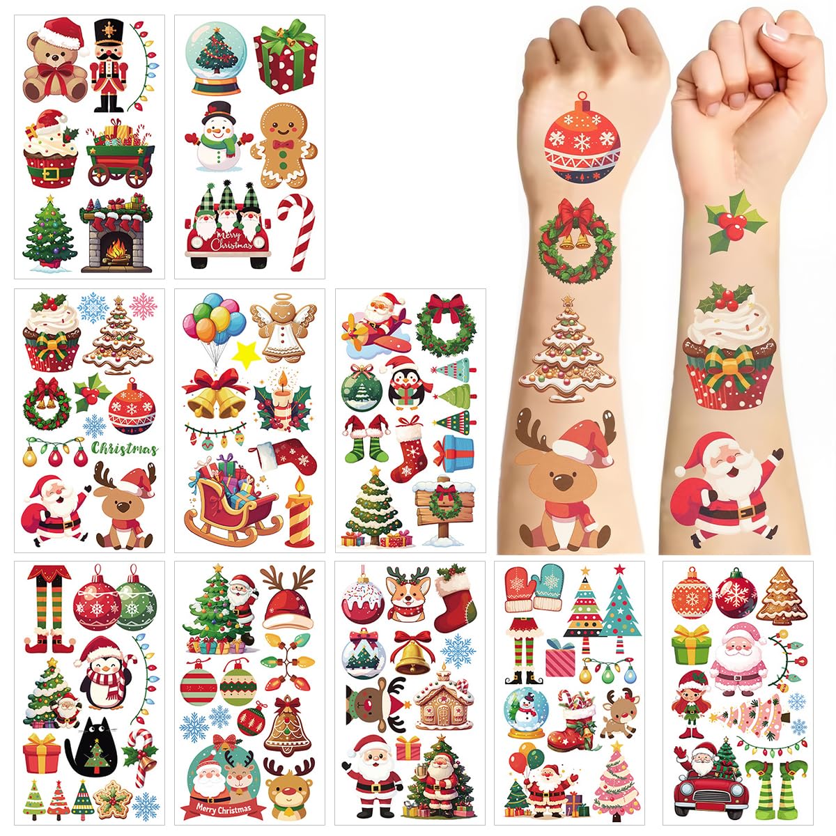 MAYCREATE Christmas Temporary Tattoo Stickers for Kids and Adults featuring 10 Sheets | Waterproof and Easy to Apply Holiday Body Art