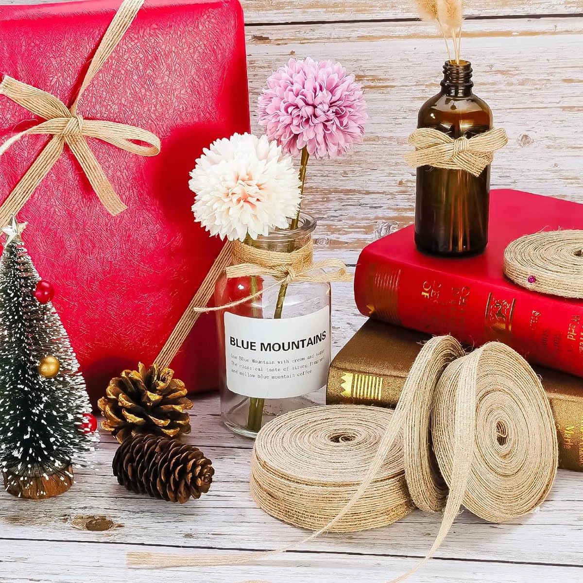 PATPAT Jute Burlap Ribbon for Gift Wrapping and DIY Crafts with 5 Rolls 10 m Each | Natural Fabric Decor