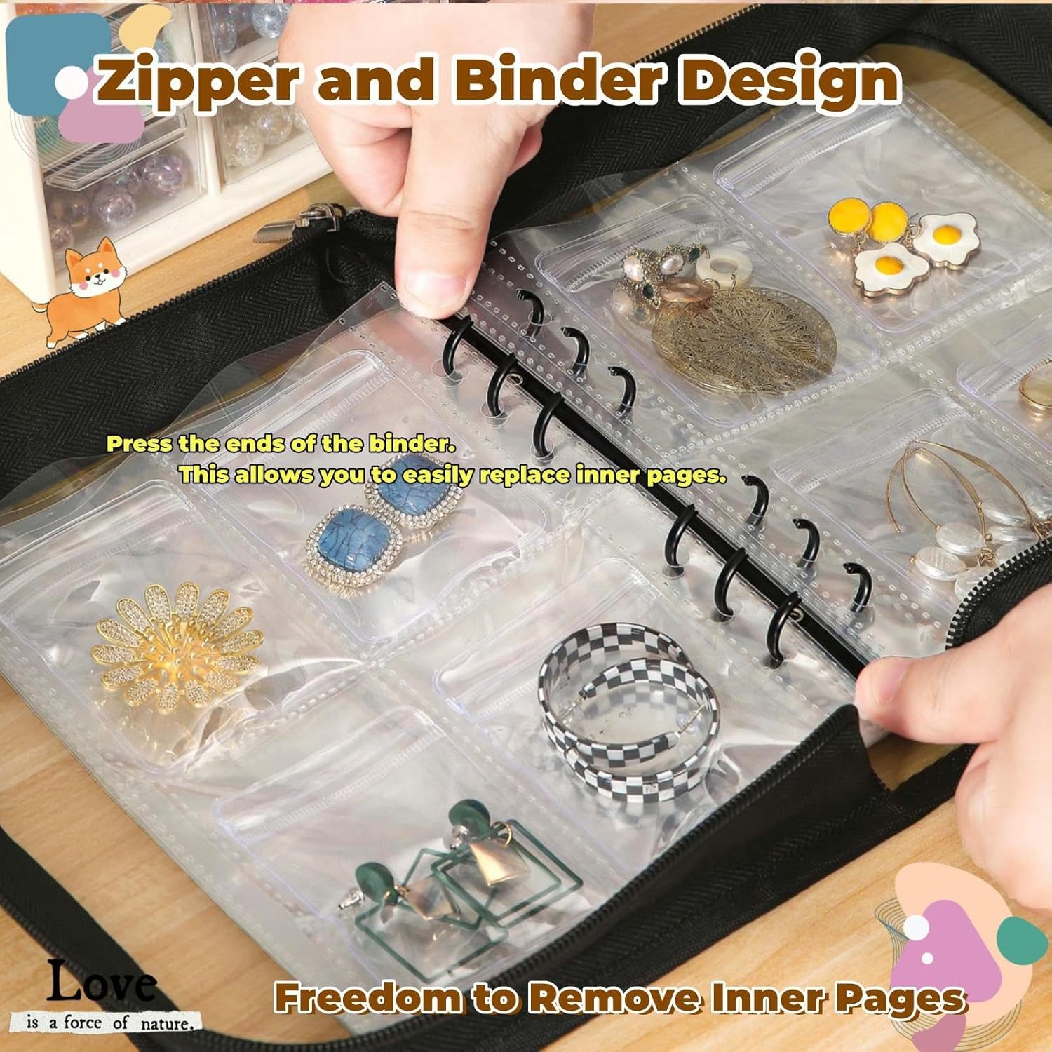 MAYCREATE Jewelry Organizer for Travel with 60 PVC Pouches and Zipper Binder | Transparent Storage Book