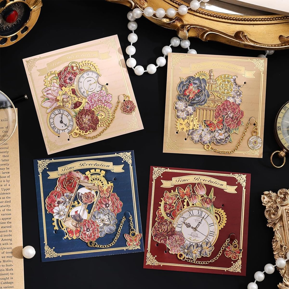 OFIFO Bookmarks Set for Reading with Pocket Watch Inspired Pendant Chain | 4PCS Metal Gift