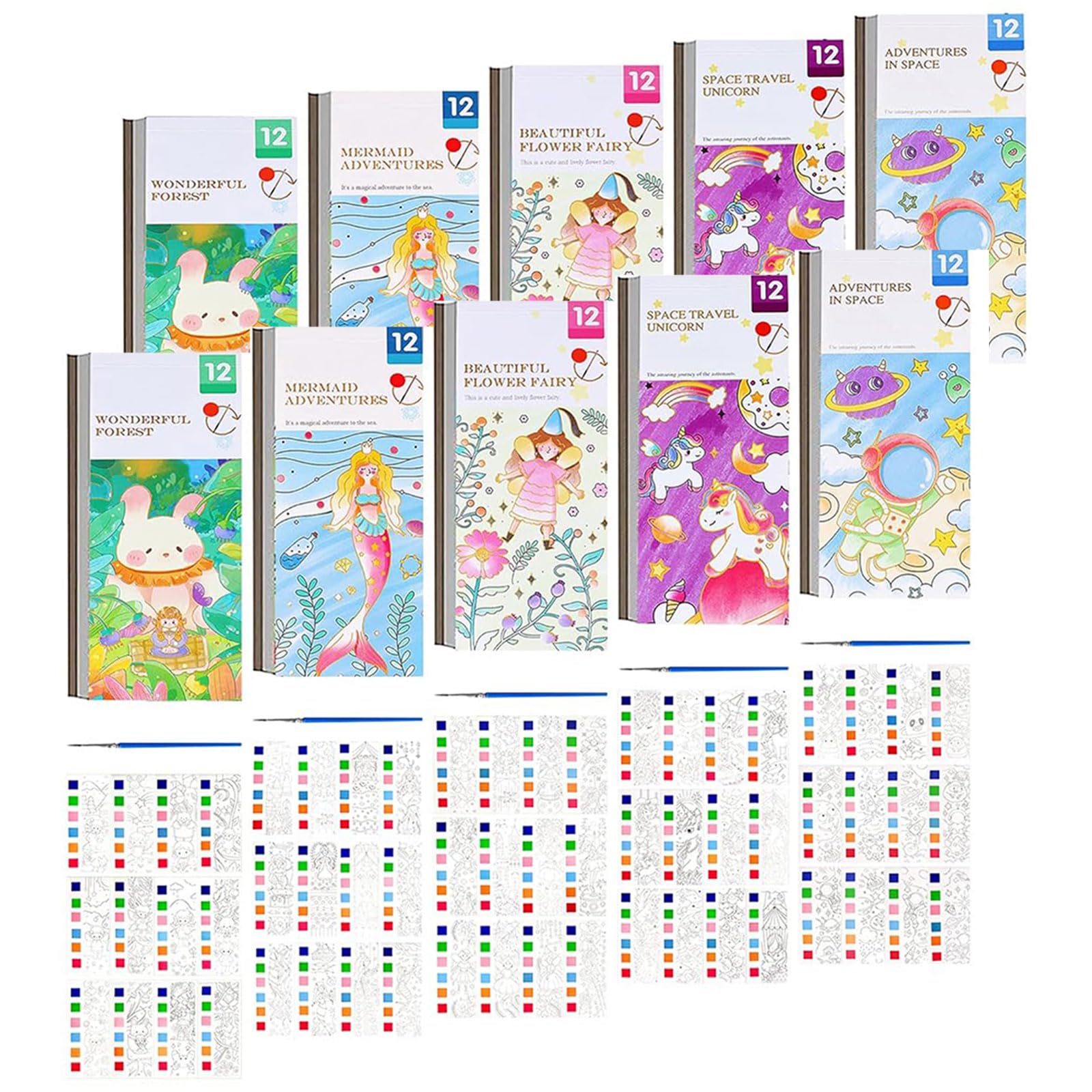 PATPAT® 10Pcs Kids Watercolor Painting Book for Kids Age 3+ Pocket Watercolor Painting Book with Paint Brush, Fairy Tale Watercolor Paint Book, Cartoon Watercolor Paint Children's Day Gift