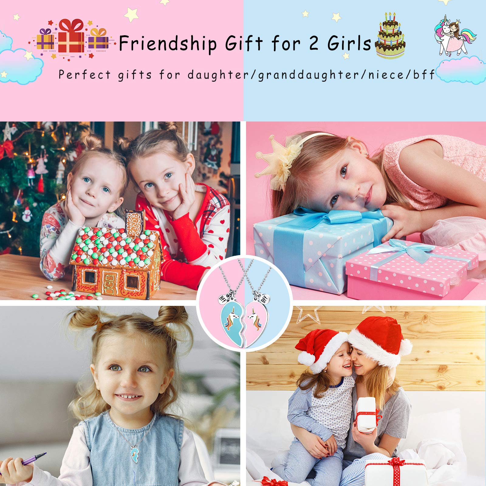 ZIBUYU Unicorn BFF Friendship Necklace Set for 2 Girls with 17.7 in Chain | Pink and Blue Heart Pendant