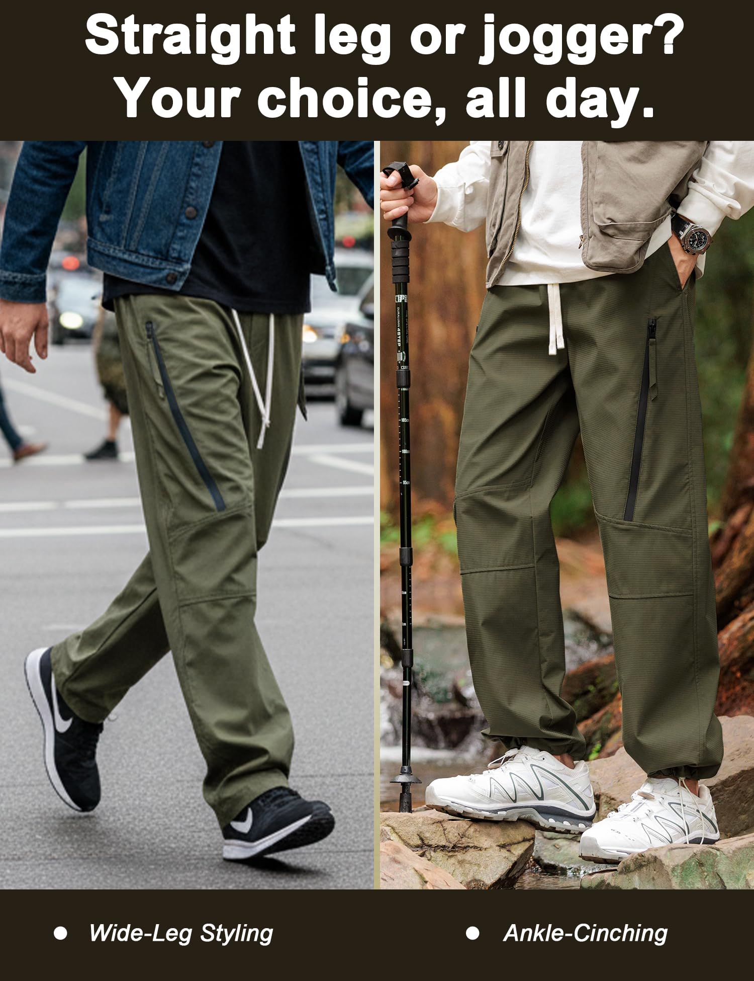 Venzina Men's Techwear Pants for Commuting and Travel featuring 2-Way Ankle Design | Waterproof Quick-Dry Army Green Joggers