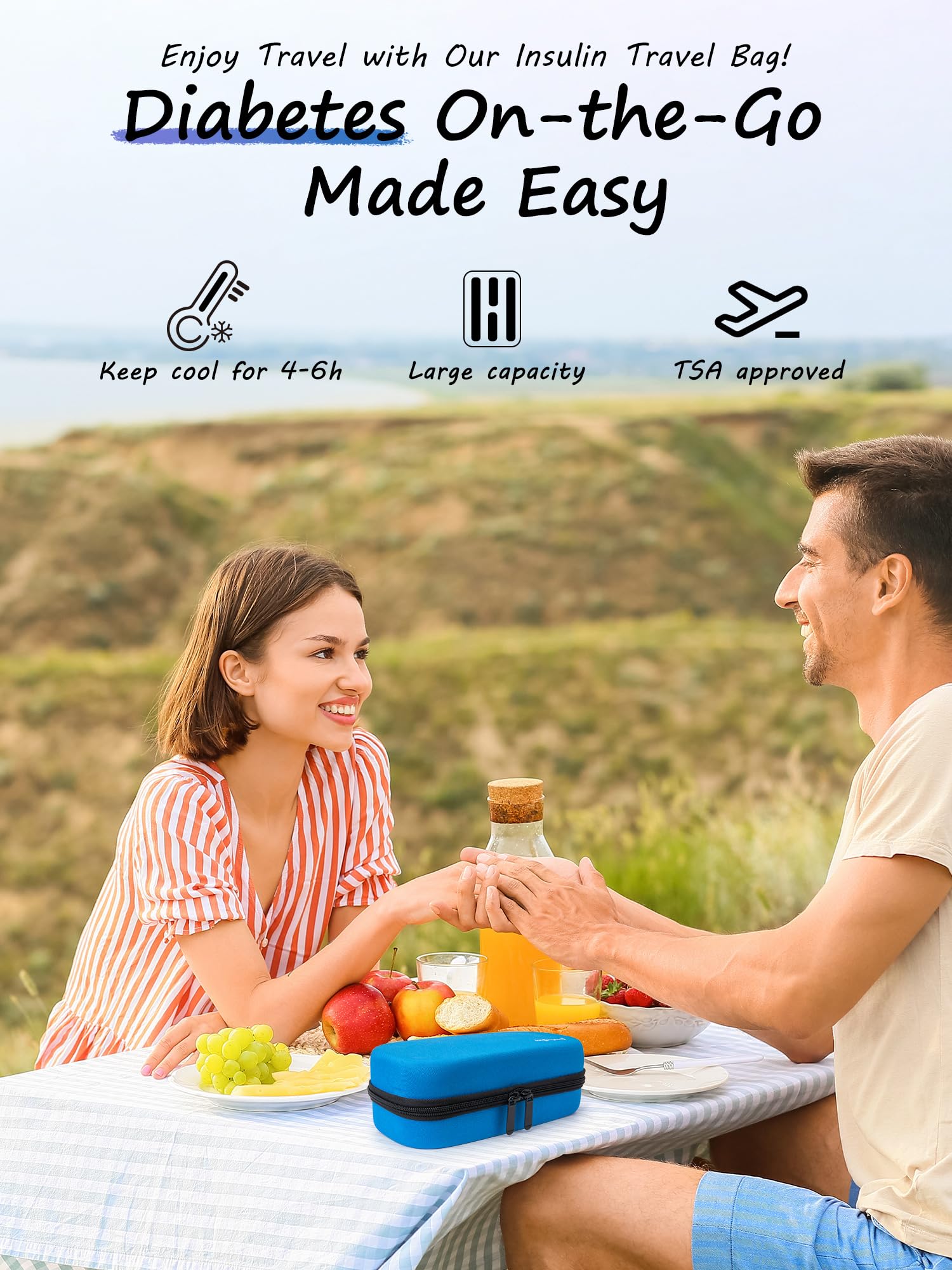 ZIBUYU Insulin Cooler Travel Case for Diabetic Supplies with 3 Ice Packs and Temperature Display | Blue Portable Bag 8.67×4.33×2.03 in