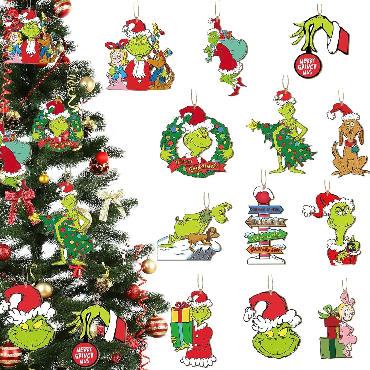 HASTHIP Christmas Tree Wooden Ornaments 24pcs with Hanging Loop for Home Decor | Grinch Theme