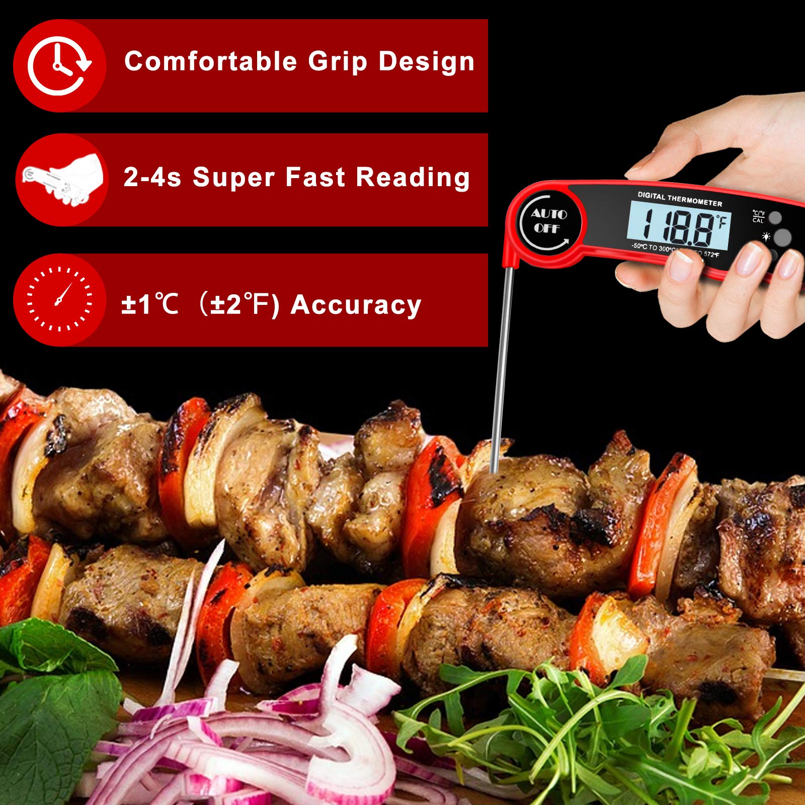 ZIBUYU  Food Thermometer with Instant Read Food Thermometer with Backlight & Calibration Function, IP67 Waterproof Fast Digital Cooking Thermometer for Candy Beef BBQ Grilling Baking