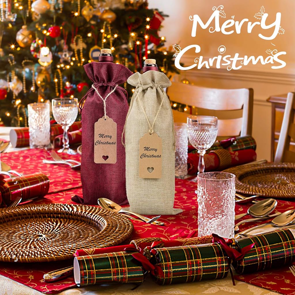 HASTHIP® 36PCS Burlap Wine Gift Bags 5.9 X 13.78 inches Bottle Bags with Drawstrings Tags Ropes for Birthday Travel Holiday Party Housewarming Wedding Home Storage