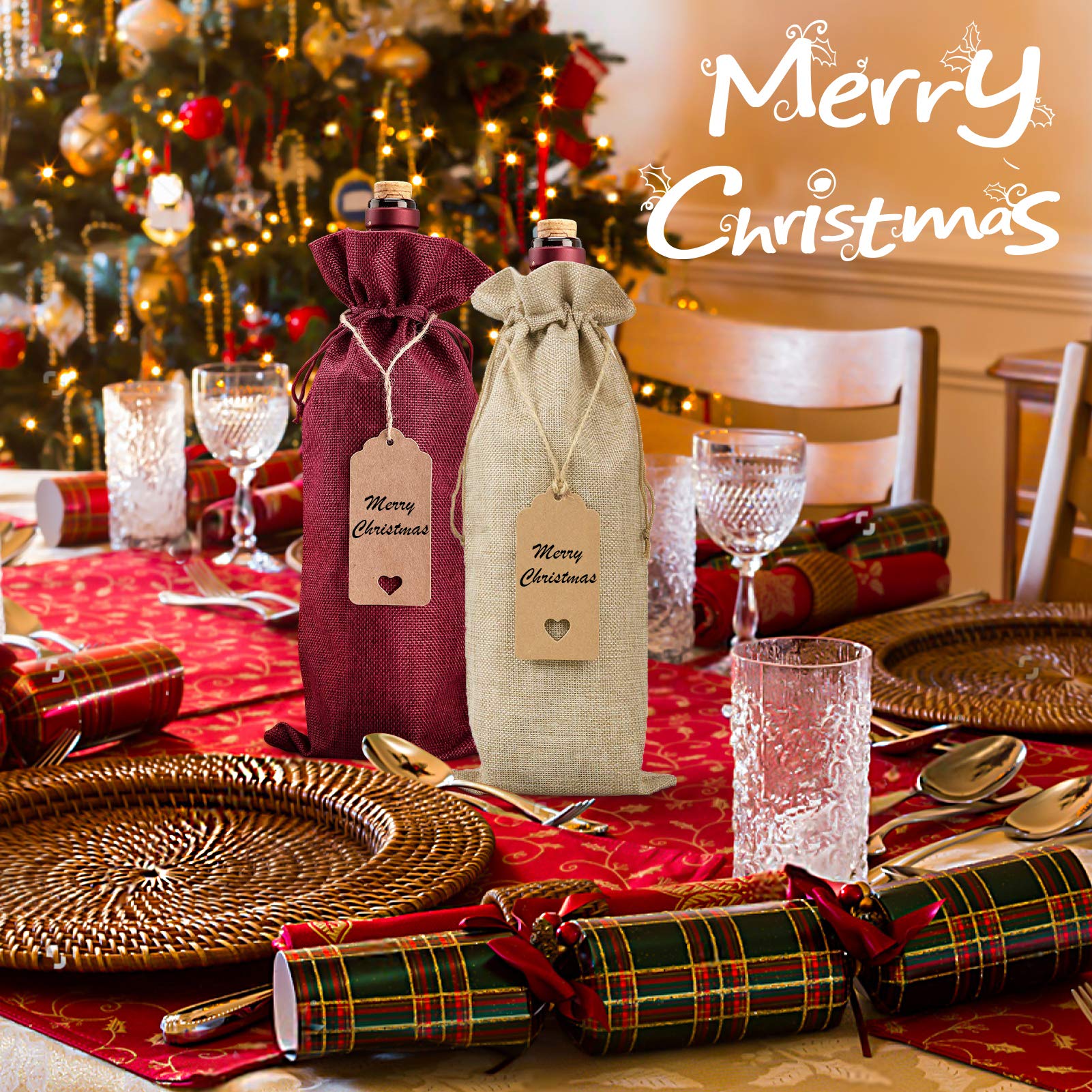 HASTHIP Burlap Wine Bags for Gifting with Drawstring Design 12 Pcs 5.9 x 13.8 in | Reusable Jute Fabric