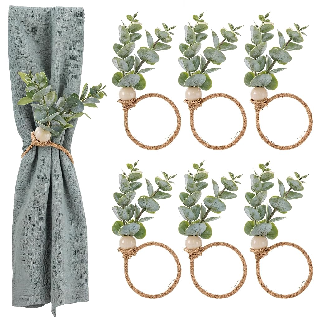 HASTHIP 6Pcs Napkin Rings Eucalyptus Leaf Hemp Rope Napkin Rings Rustic Style Napkin Rings Holder Decorative Table Napkin Rings for Festival, Wedding, Christmas