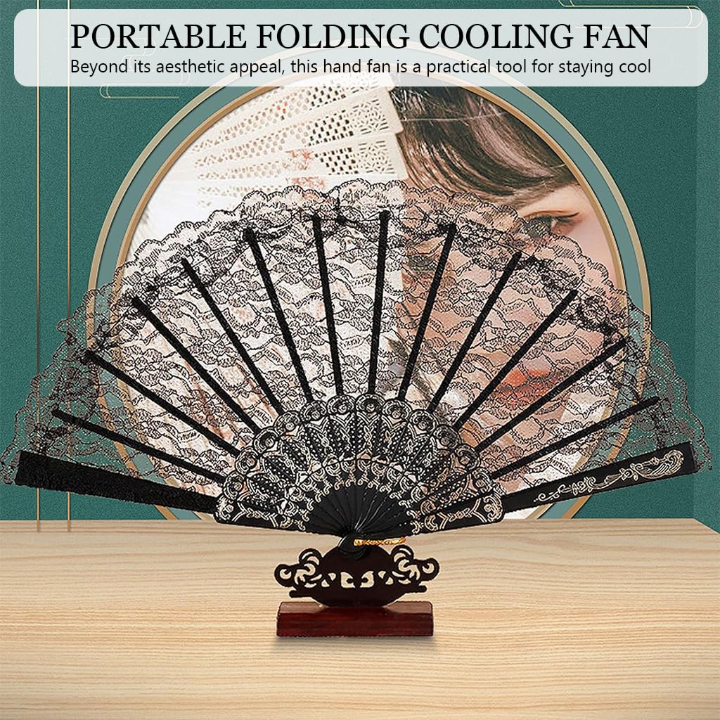 HASTHIP Hand Fan for Ladies with Black Lace Tassel and Folding Bamboo Frame | Elegant Chinese Style Gift