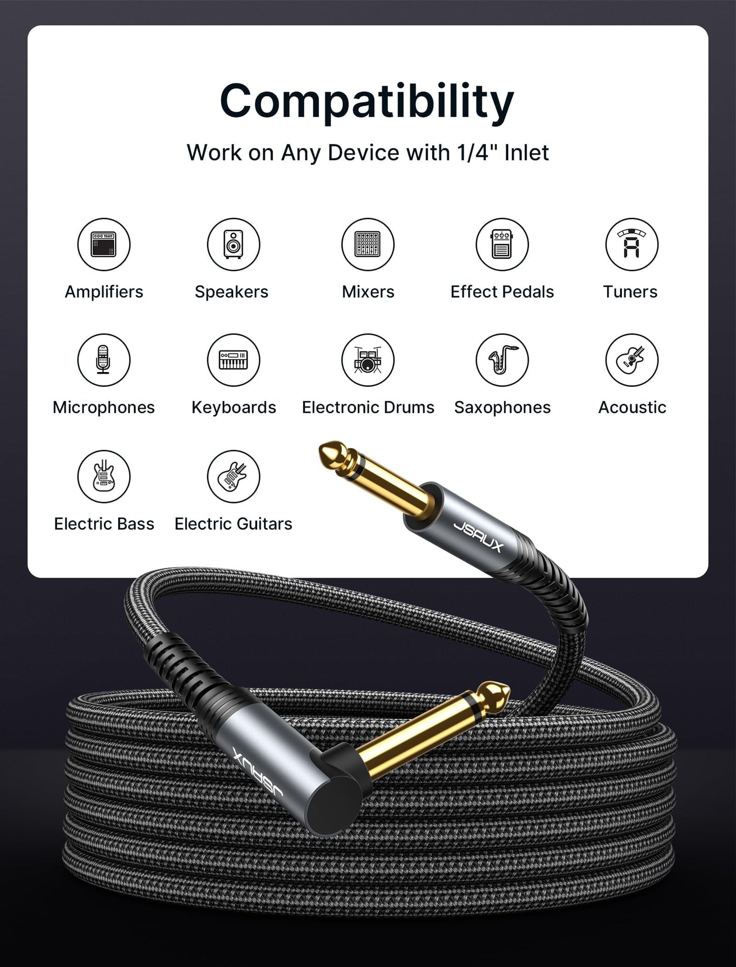 JSAUX® 9.8ft 6.35mm to 6.35mm Audio Cable, 3M Right Angle Connection Durable Nylon Braided Cable, Pure Sound, Compatible With Amps, Electric Bass & Guitars, Speakers, Keyboards, Mixers, Grey